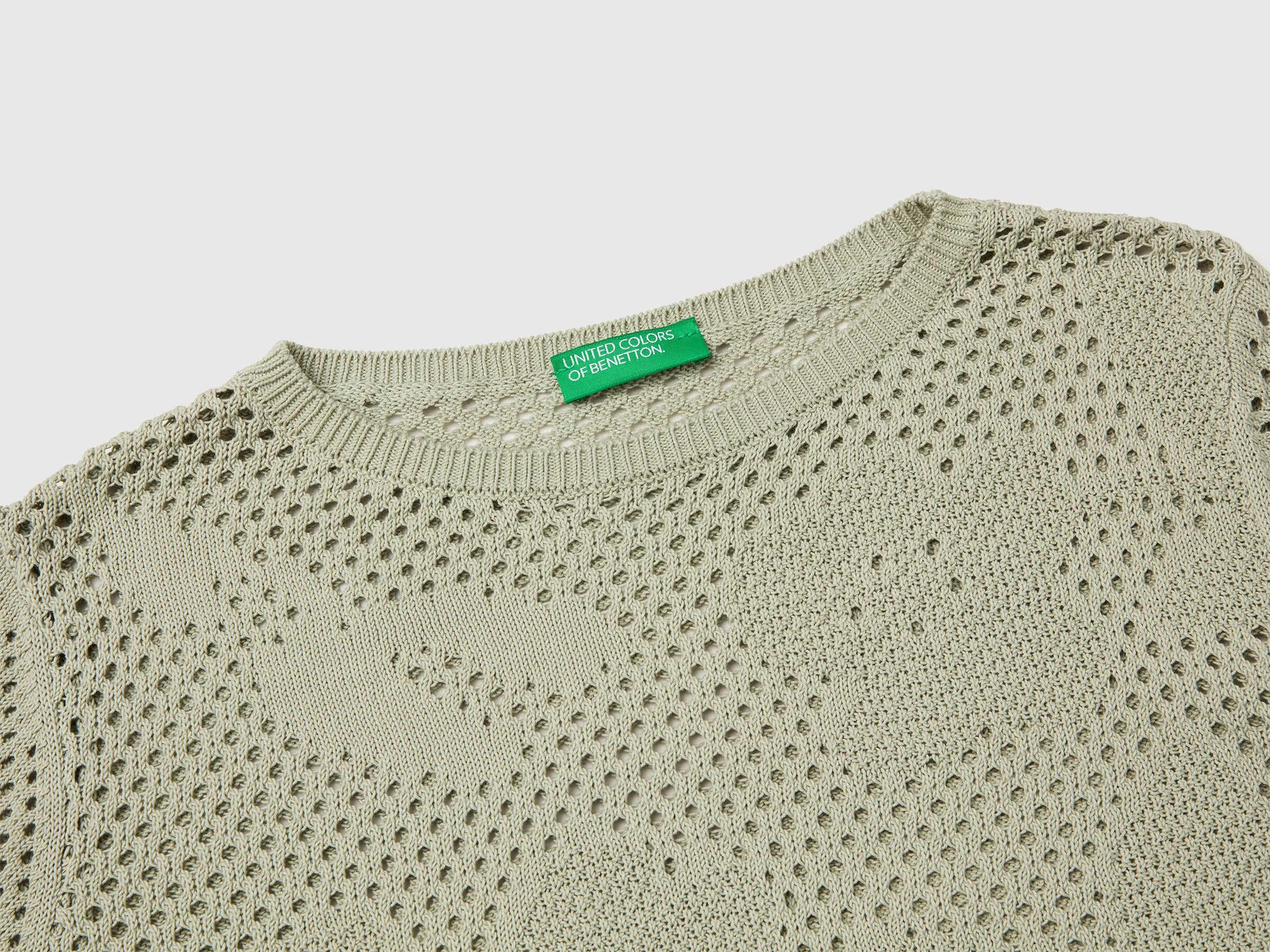 Benetton Light Green Women Openwork Sweater with Flowers SKU: 16EVD10GP_17E Image 03