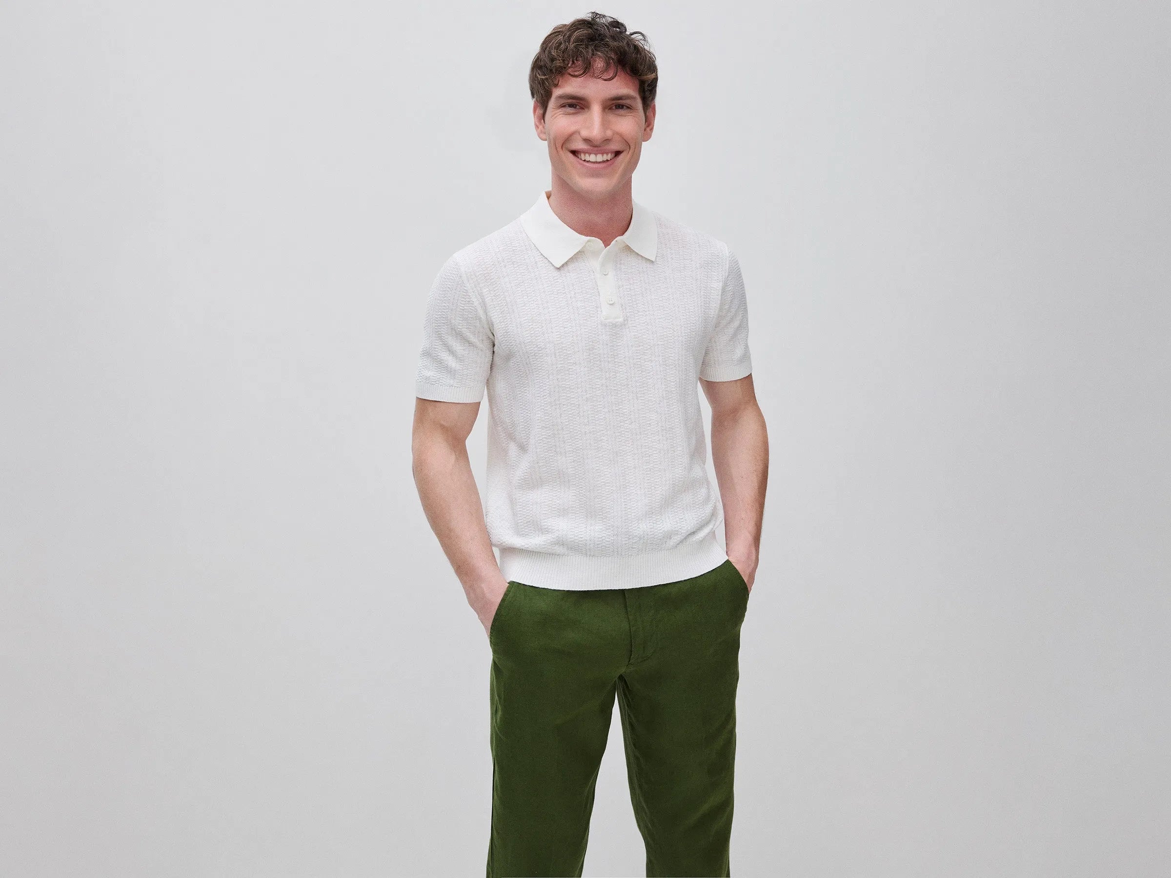 Benetton Creamy white Men Textured Linen Blend Polo Shirt SKU: 1DC3U301T_074 Image 02