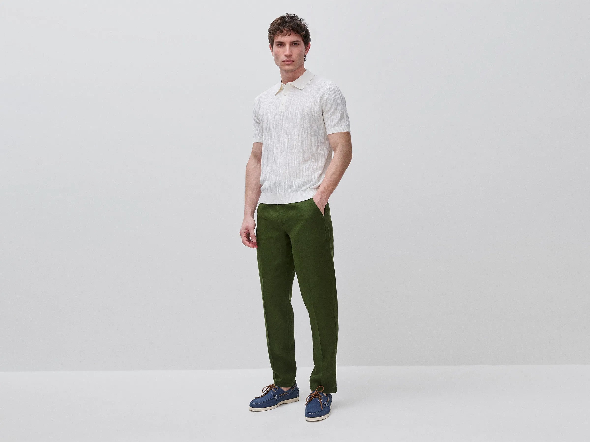 Benetton White Men Textured Linen Blend Polo Shirt SKU: 1DC3U301T_074 Image 03