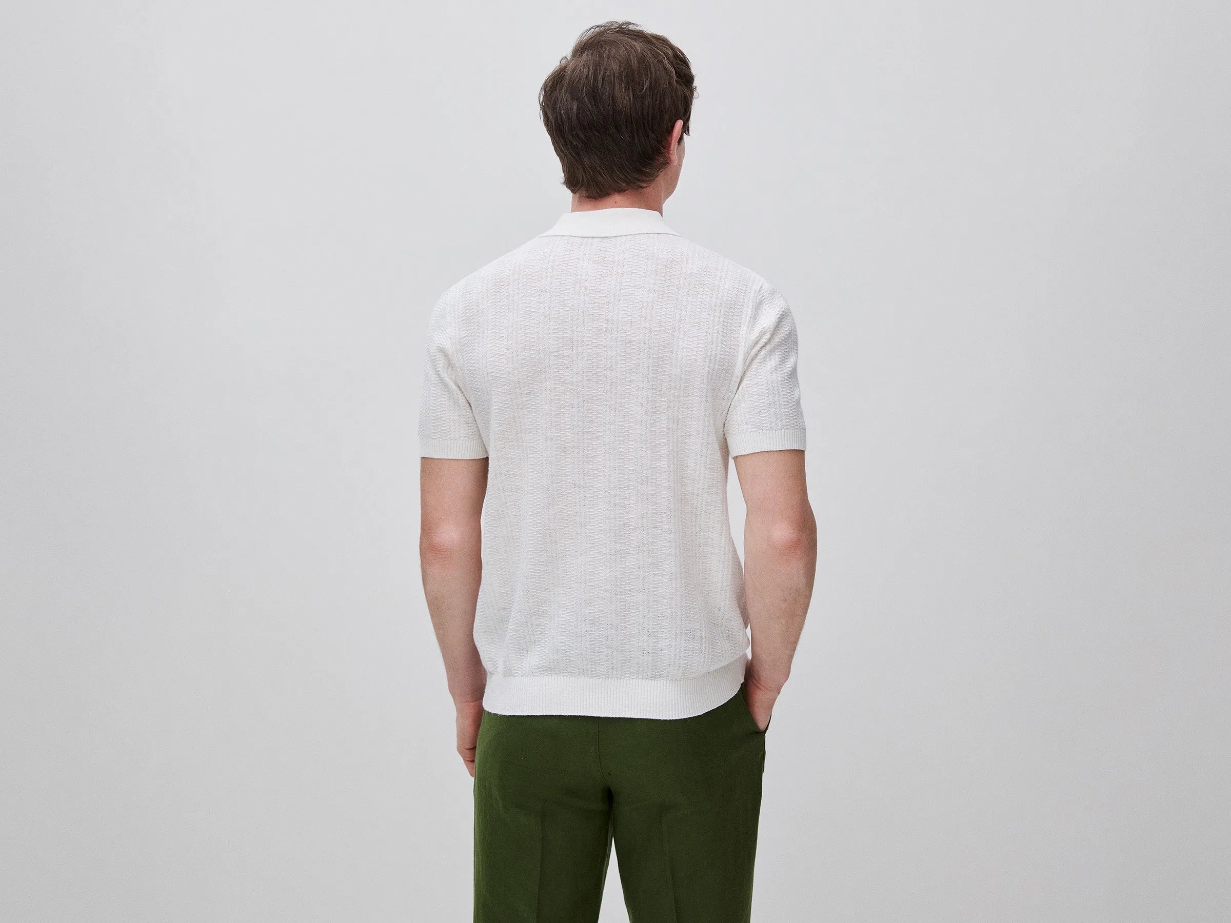 Benetton White Men Textured Linen Blend Polo Shirt SKU: 1DC3U301T_074 Image 04