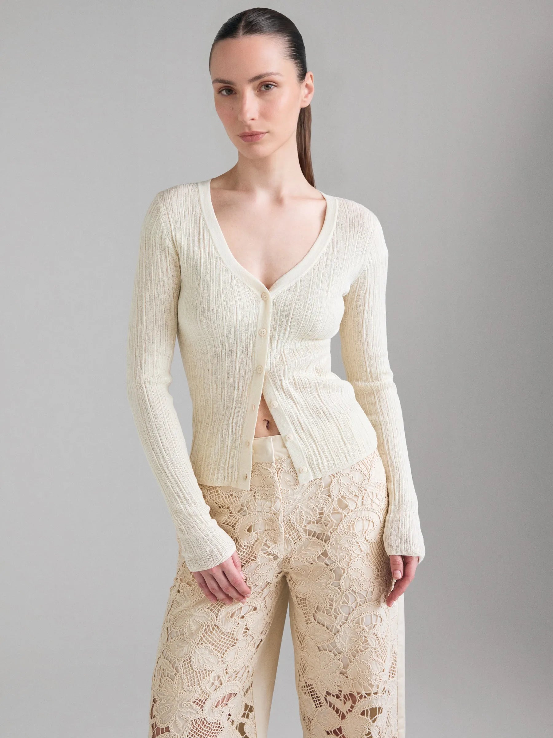 Sisley Creamy white Women Ribbed Cardigan SKU: 1U3RL603S_00V Image 03