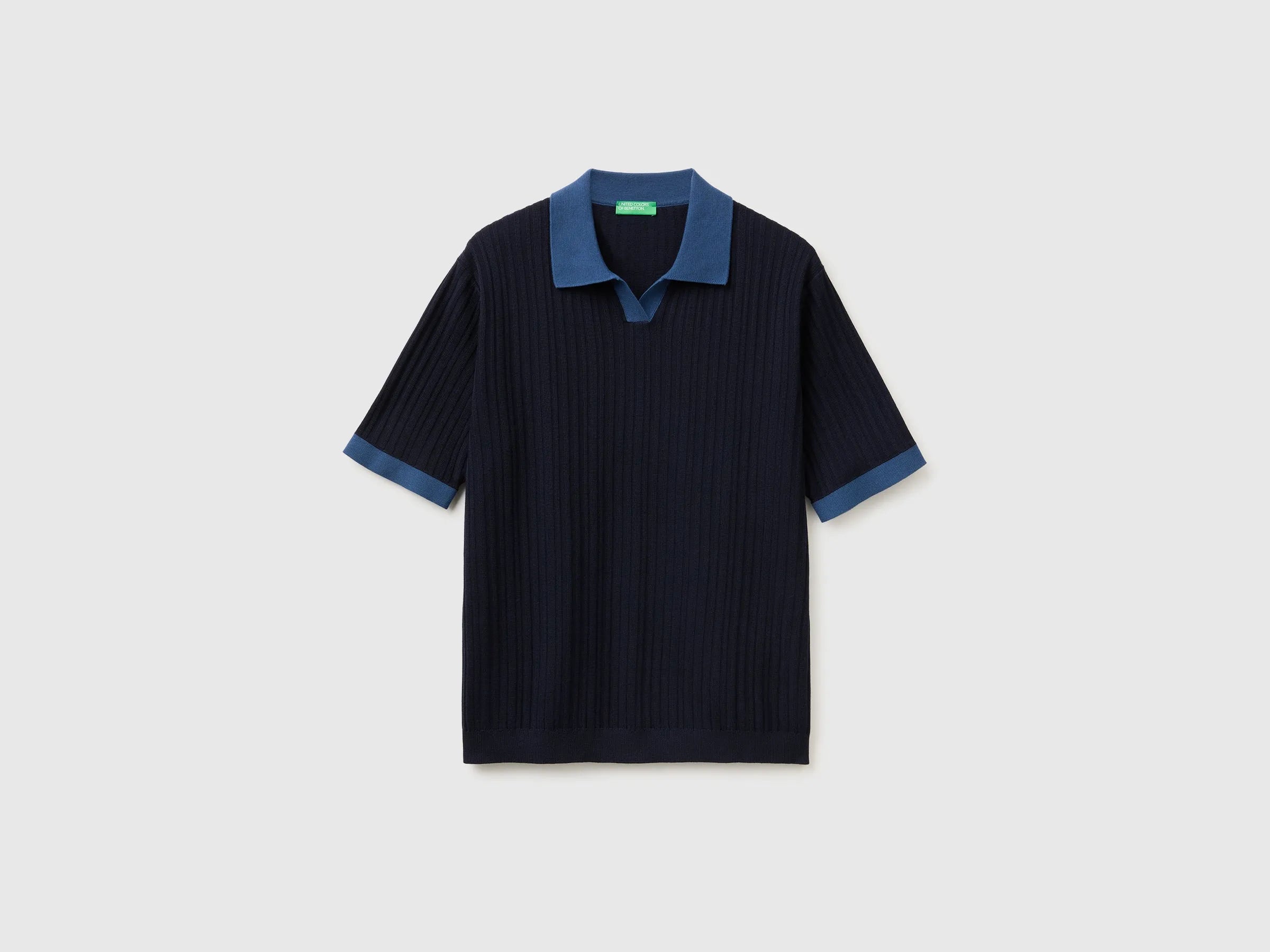 Benetton Blue Men Ribbed Knit Polo Shirt SKU: 1X56U301V_3C1 Image 01