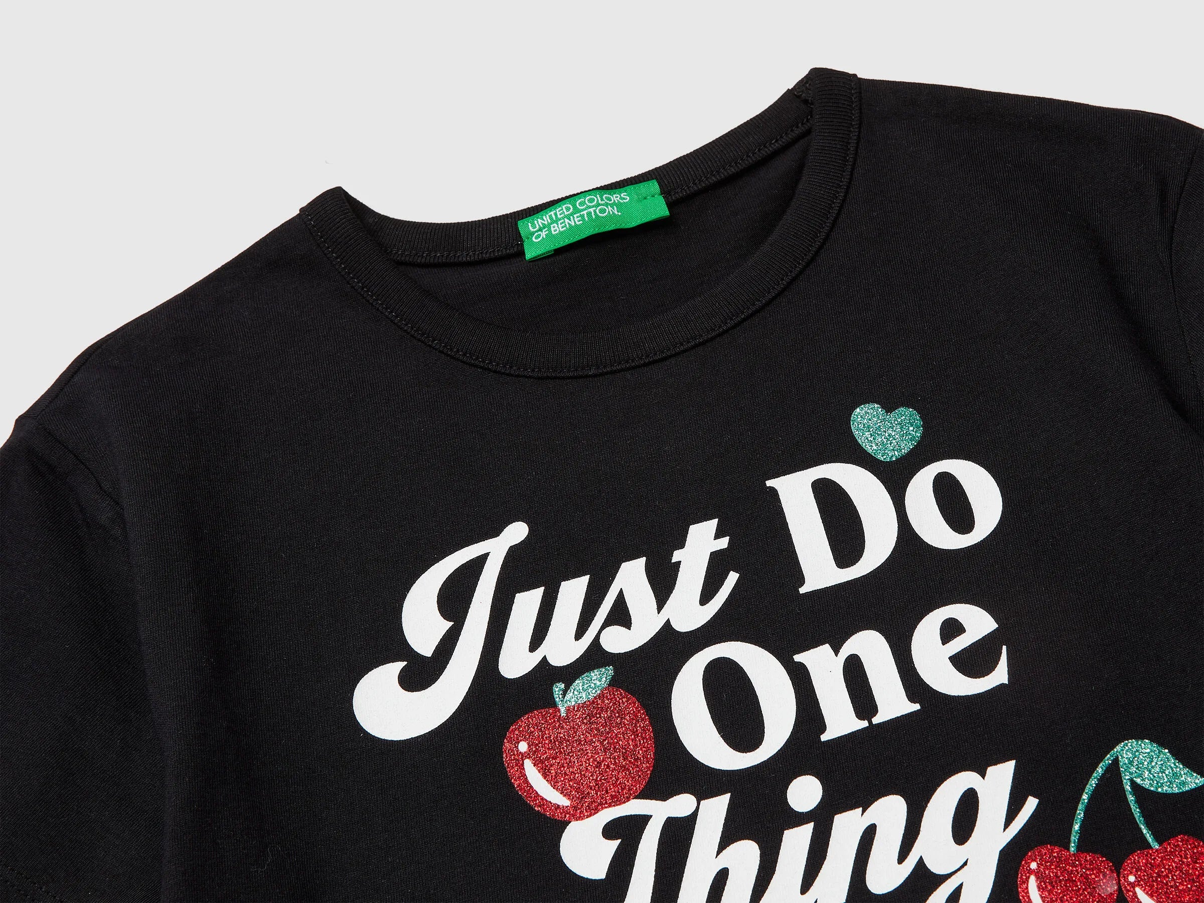 Benetton Black Girls T-Shirt with Print and Glitter SKU: 3096C10SG_100 Image 03