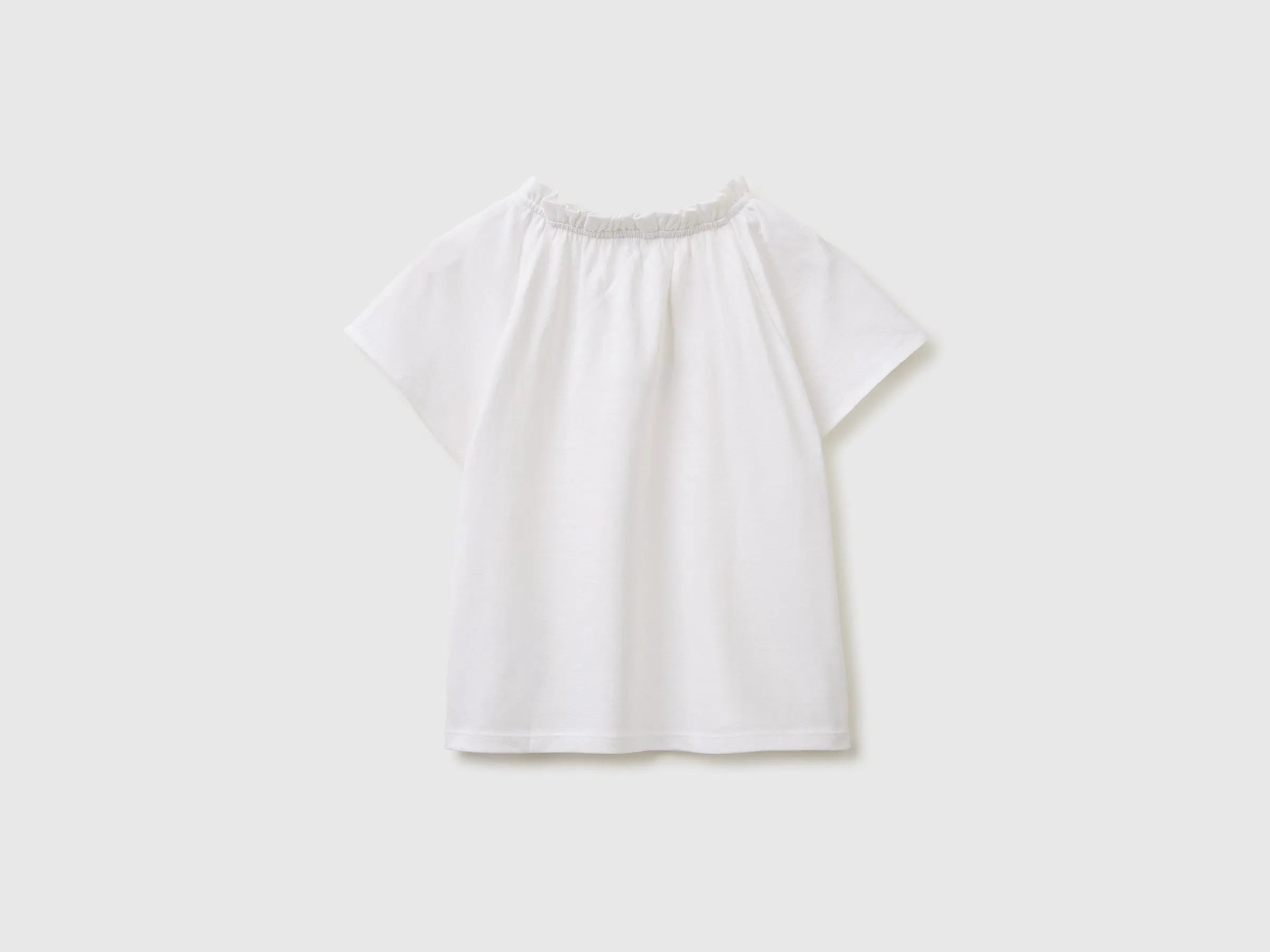 Benetton White Girls Linen Blend Ruffle Neck T-Shirt SKU: 34I0G10MQ_101 Image 02
