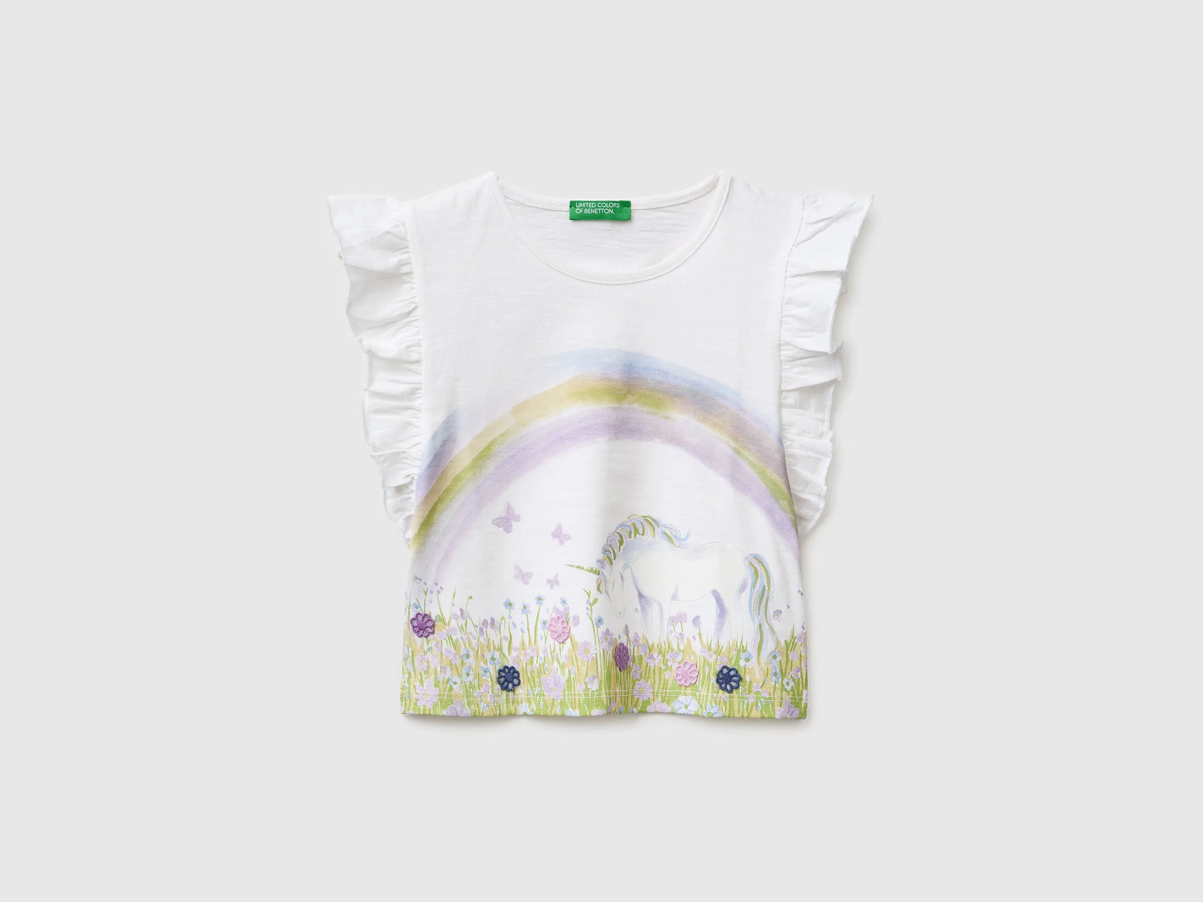 Benetton White Girls Cropped T-Shirt with Print and Embroidery SKU: 38V4G10MU_101 Image 01