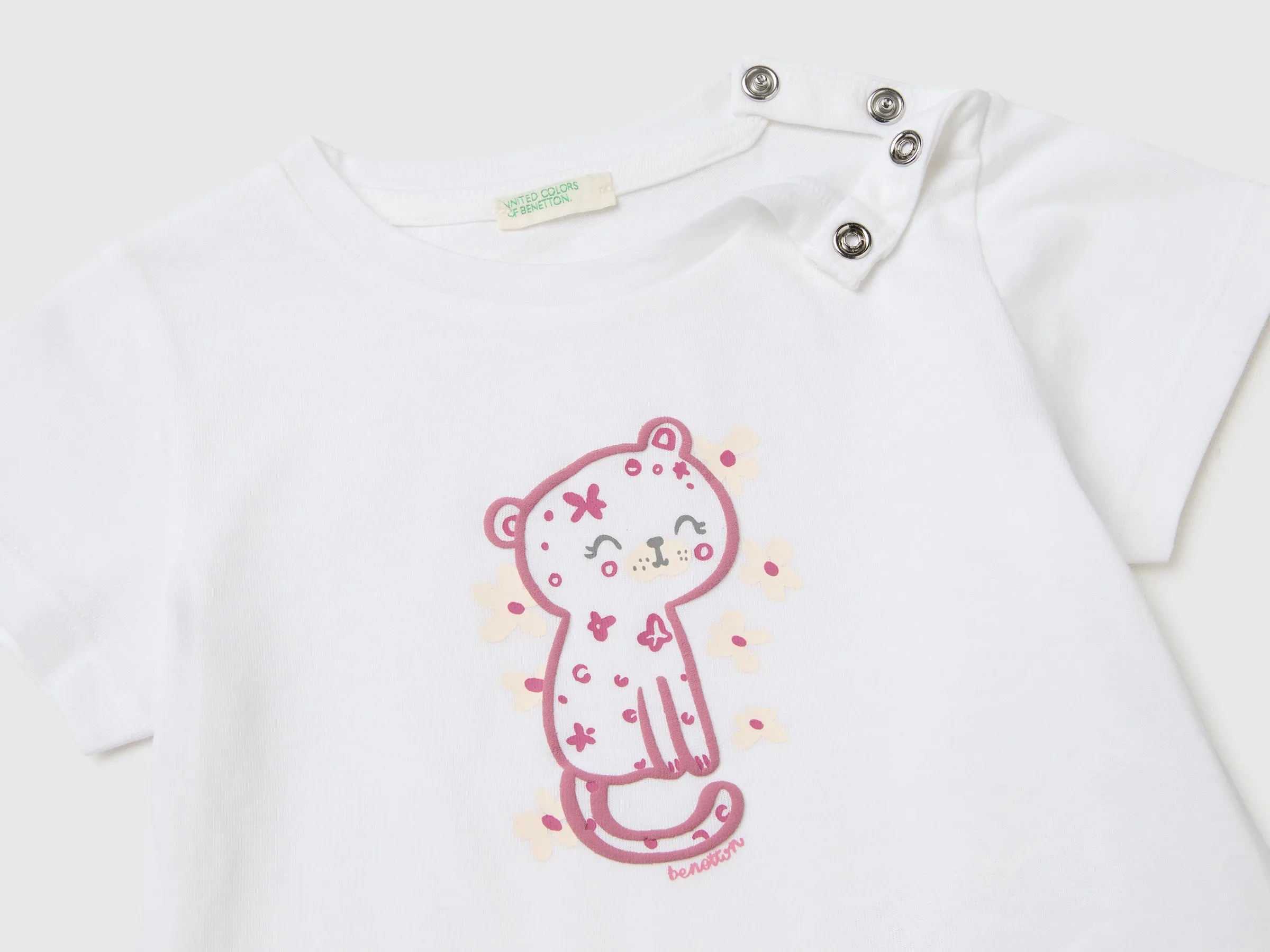 Benetton White Baby Girl Animal Print T-Shirt SKU: 3I1XA1078_901 Image 03