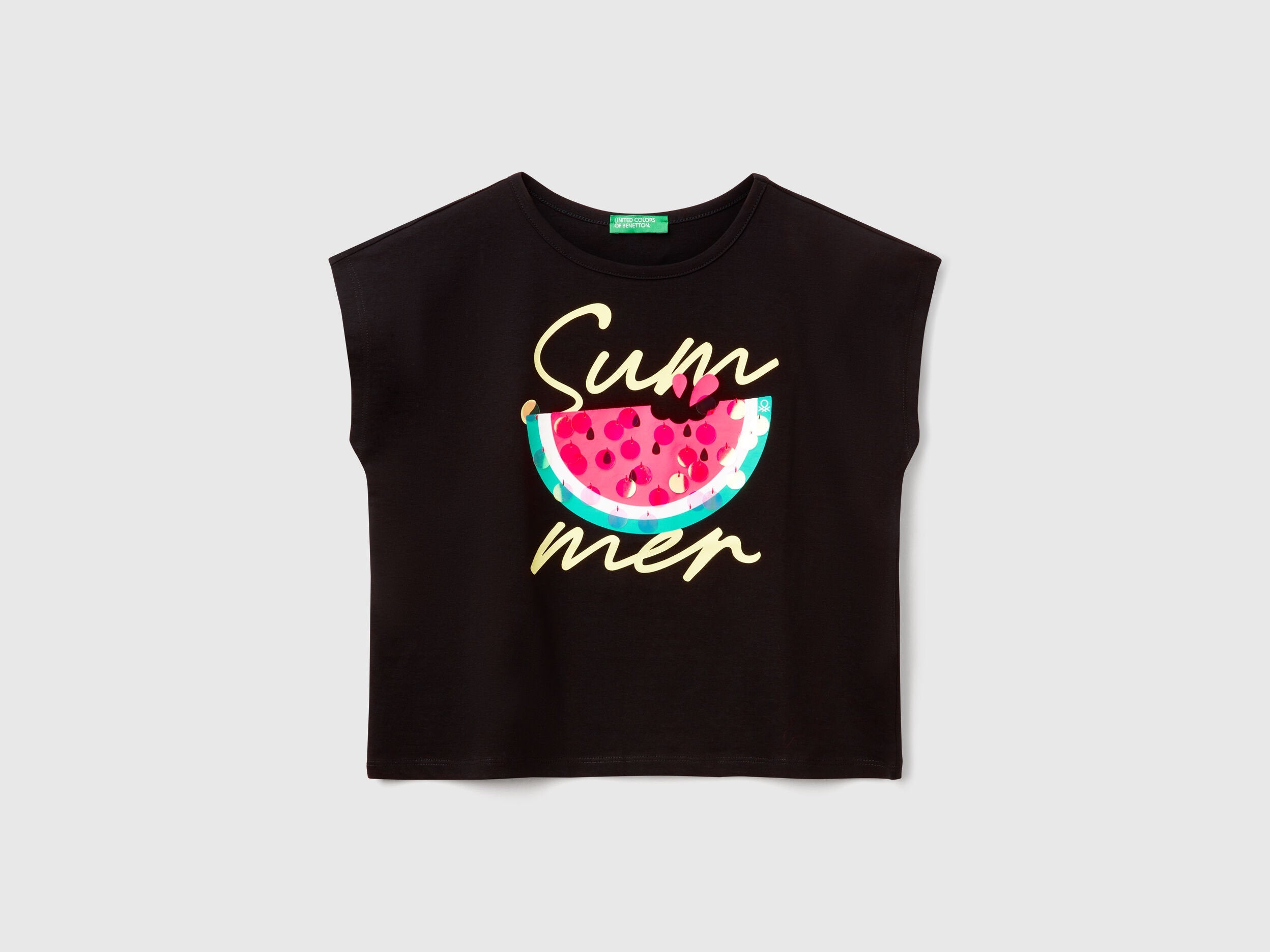 Benetton_T-Shirt with Print and Sequins_3I1XC10P0_100_01
