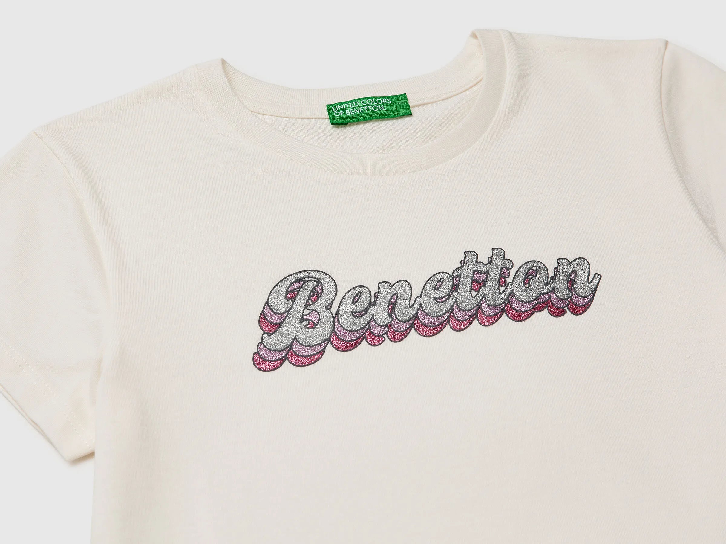 Benetton Creamy White Girls T-Shirt with Glitter Print SKU: 3I1XC10S6_00E Image 03