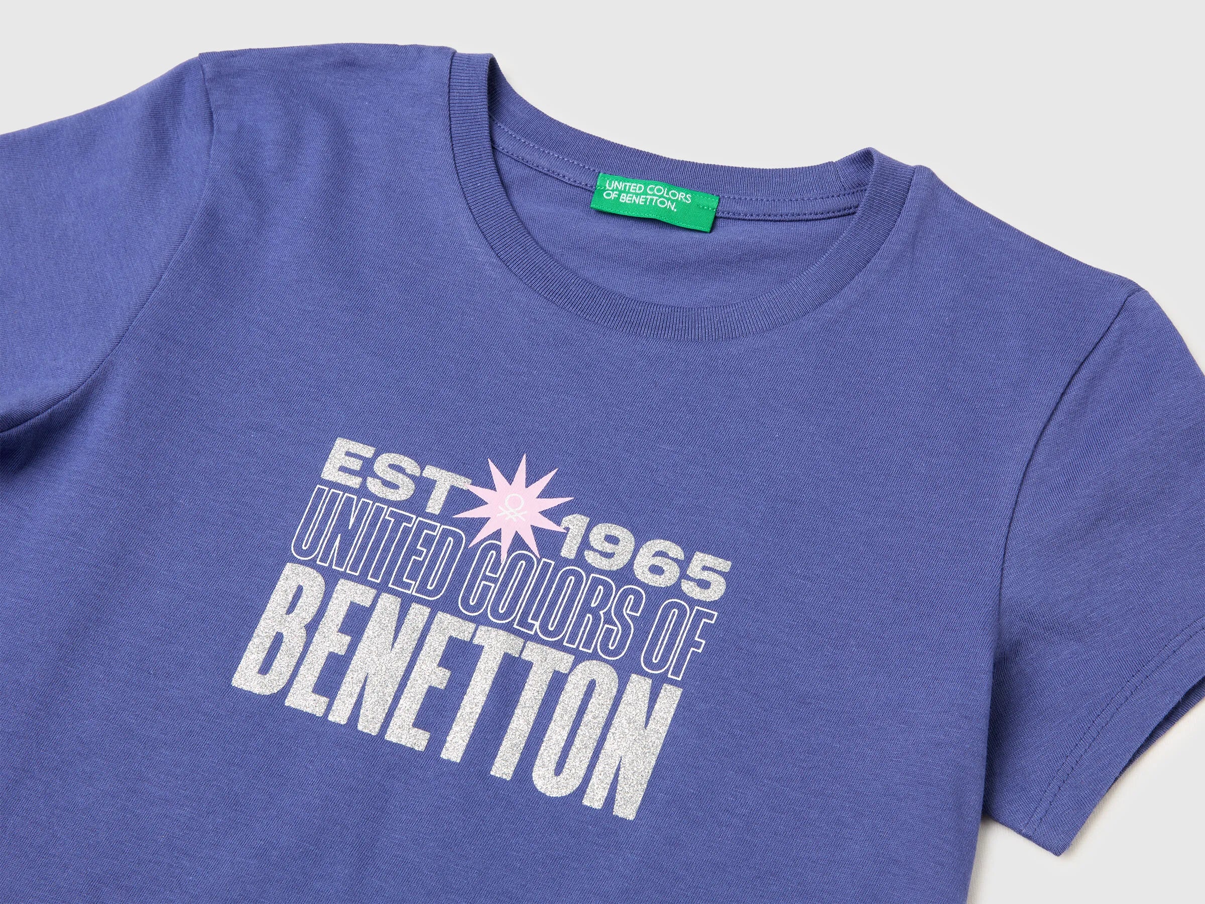 Benetton Violet Girls T-Shirt with Glitter Print SKU: 3I1XC10S6_2D8 Image 03