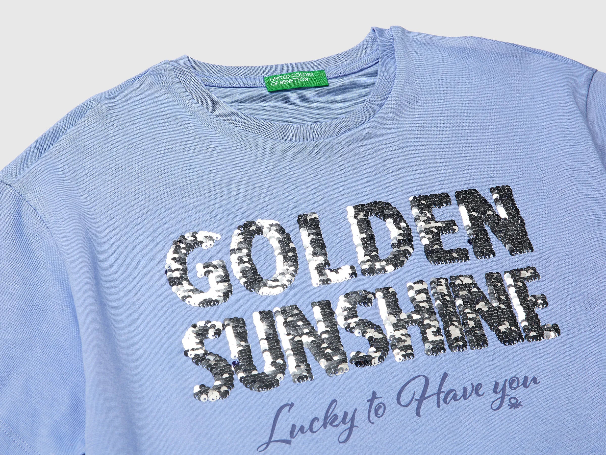 Benetton Light Blue Girls T-Shirt with Print and Sequins SKU: 3I1XC10SF_13E Image 03