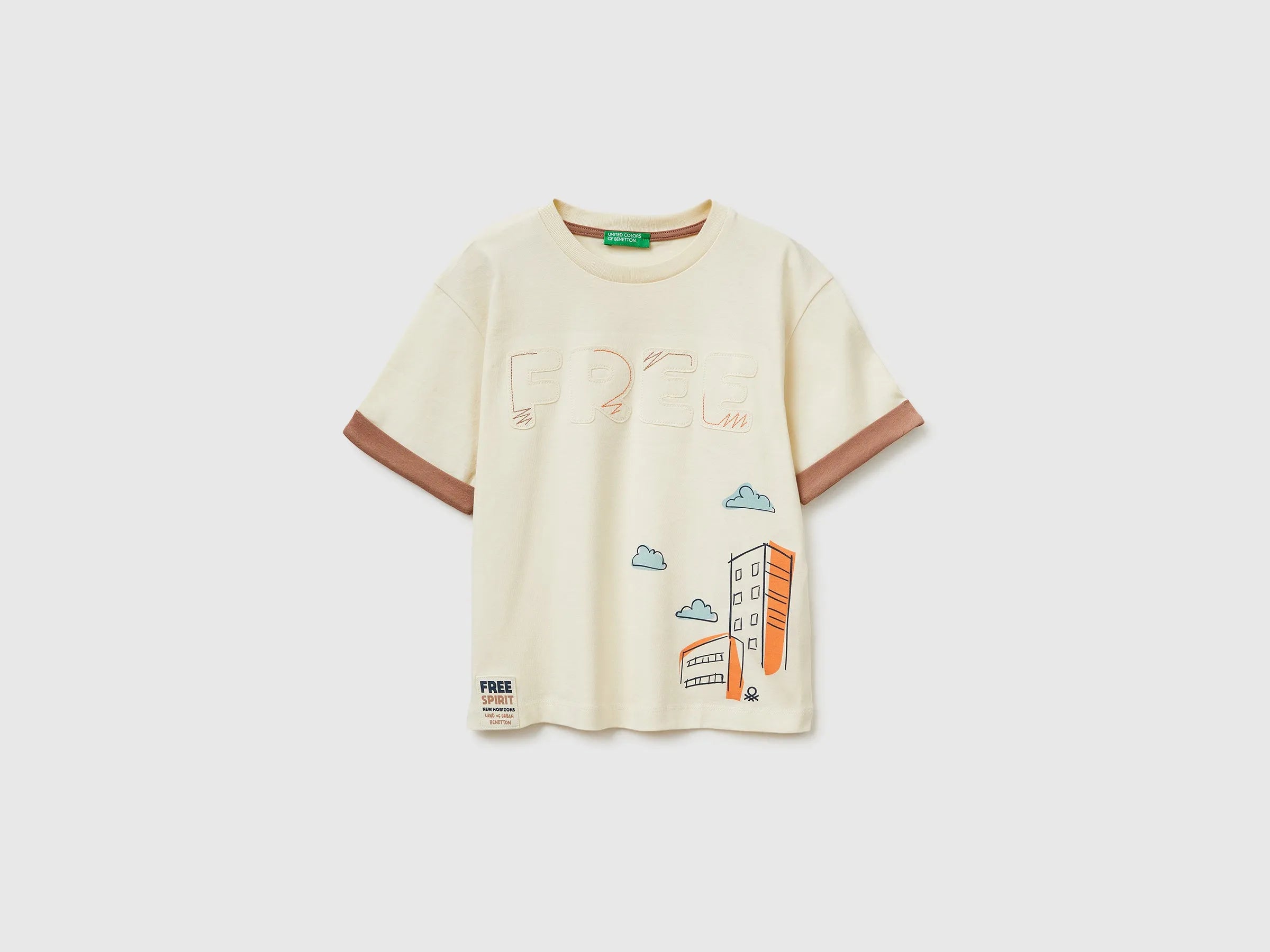 Benetton Creamy white Boys Organic Cotton T-Shirt with Print SKU: 3I1XG10LZ_3C9 Image 01