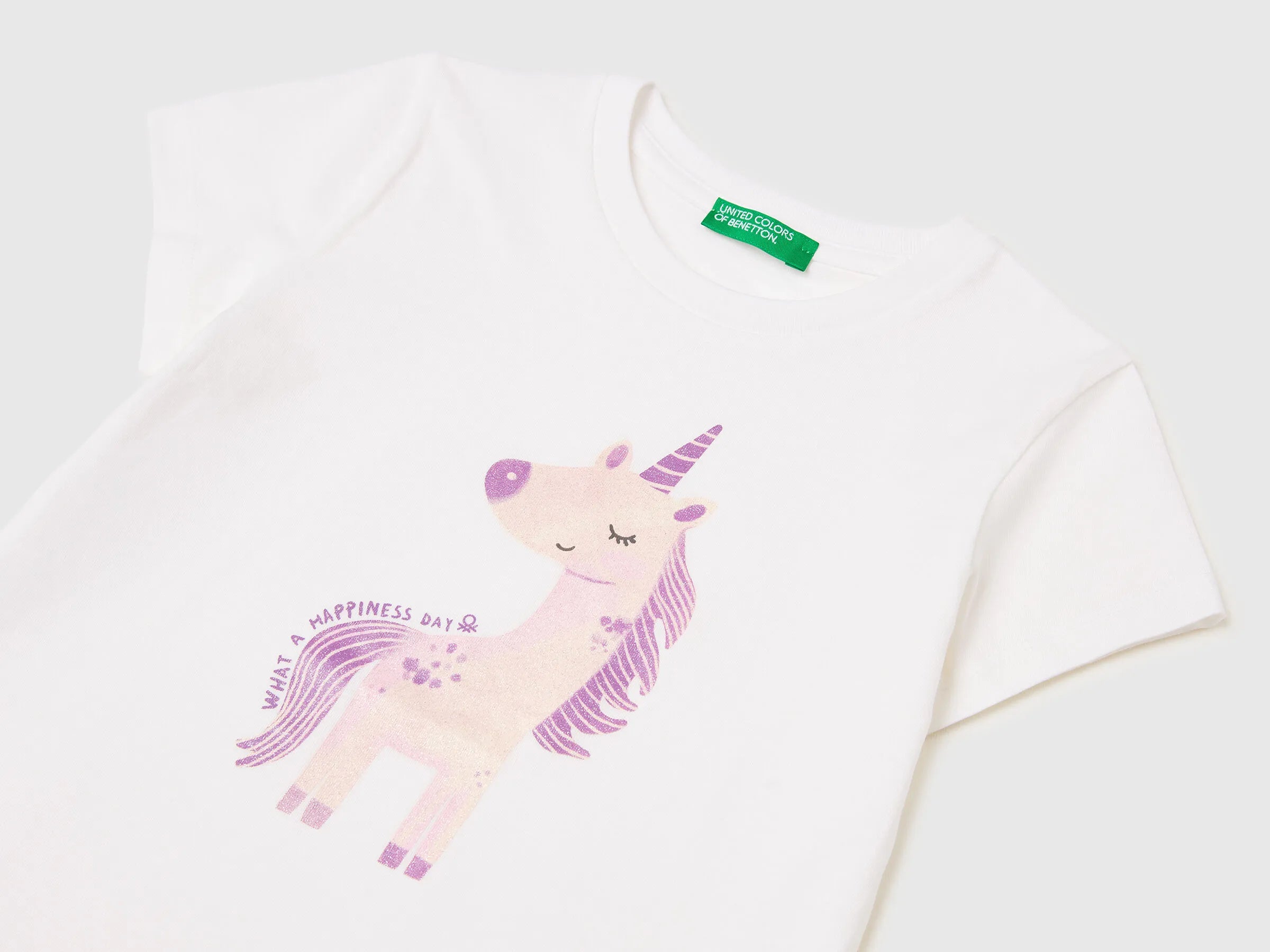 Benetton White Girls T-Shirt with Print and Glitter SKU: 3I1XG10M8_101 Image 03