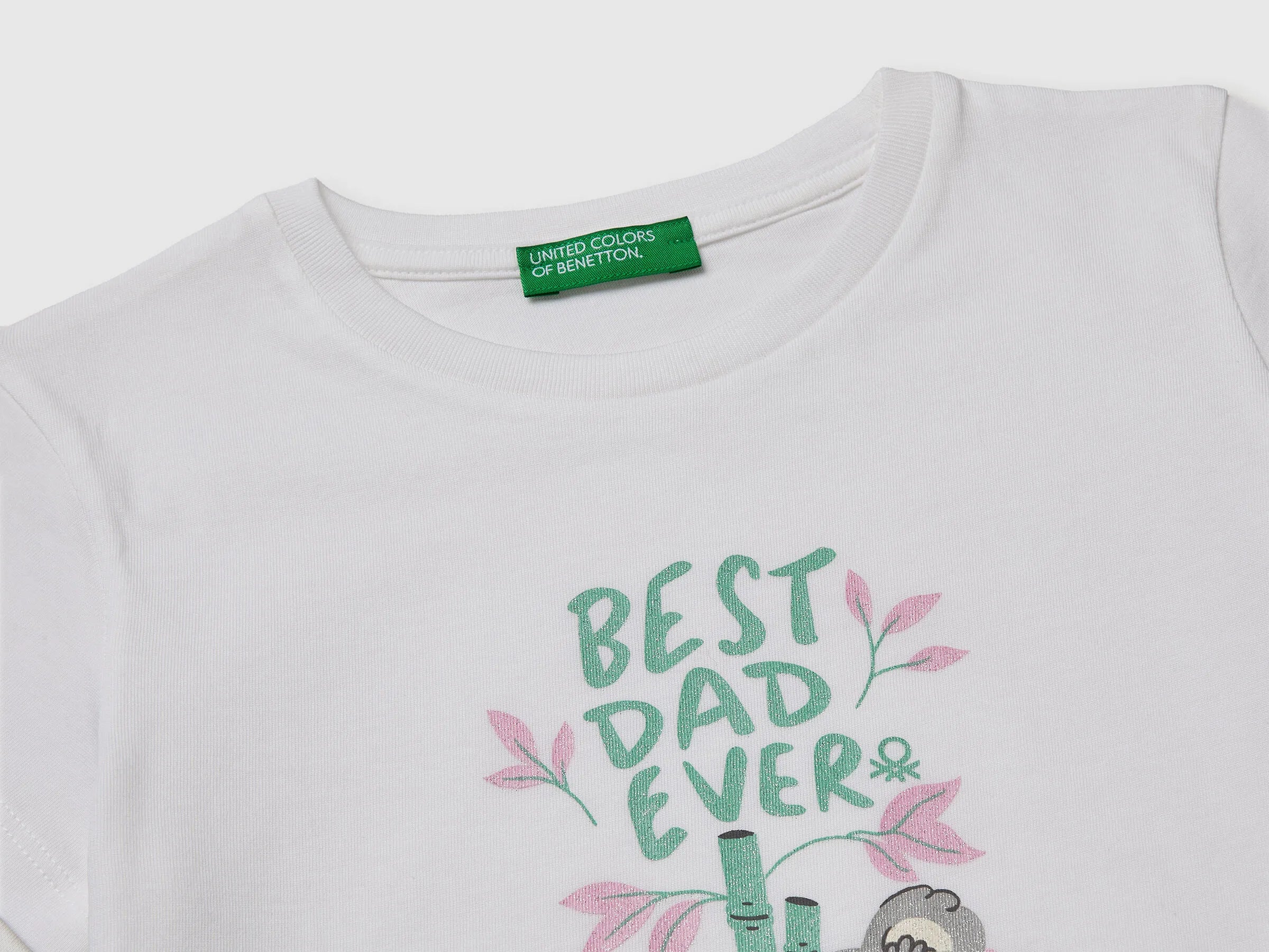 Benetton White Girls T-Shirt with Print and Glitter SKU: 3I1XG10M8_901 Image 03