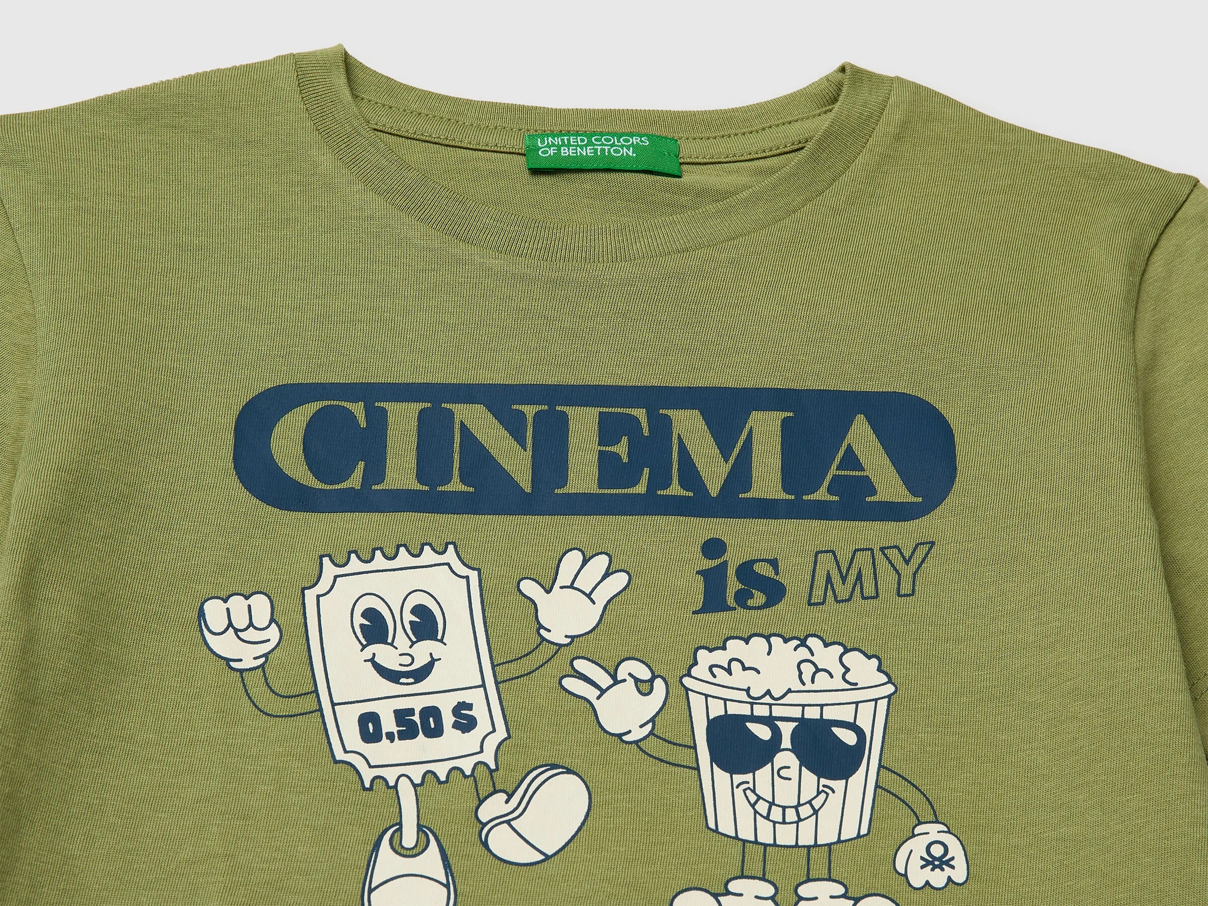 Benetton Military Green Boys Crew Neck T-Shirt with Print SKU: 3I1XG10MA_1Q1 Image 03