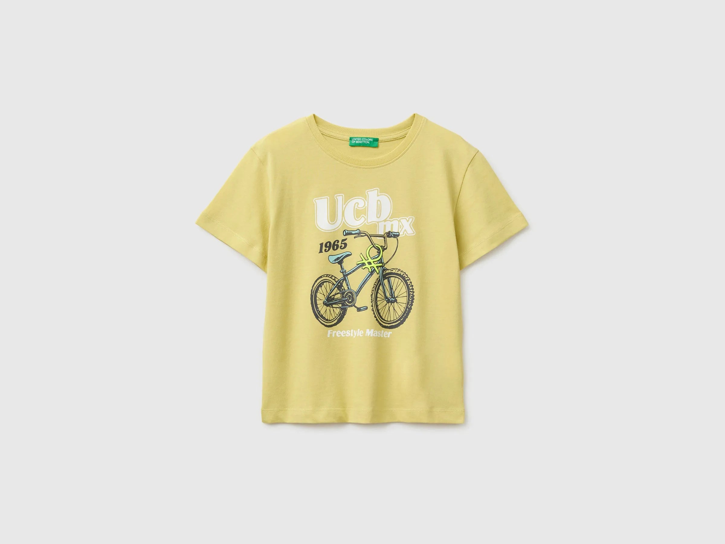 Benetton Yellow Boys Organic Cotton T-Shirt with Logo Print SKU: 3I1XG10MX_228 Image 01