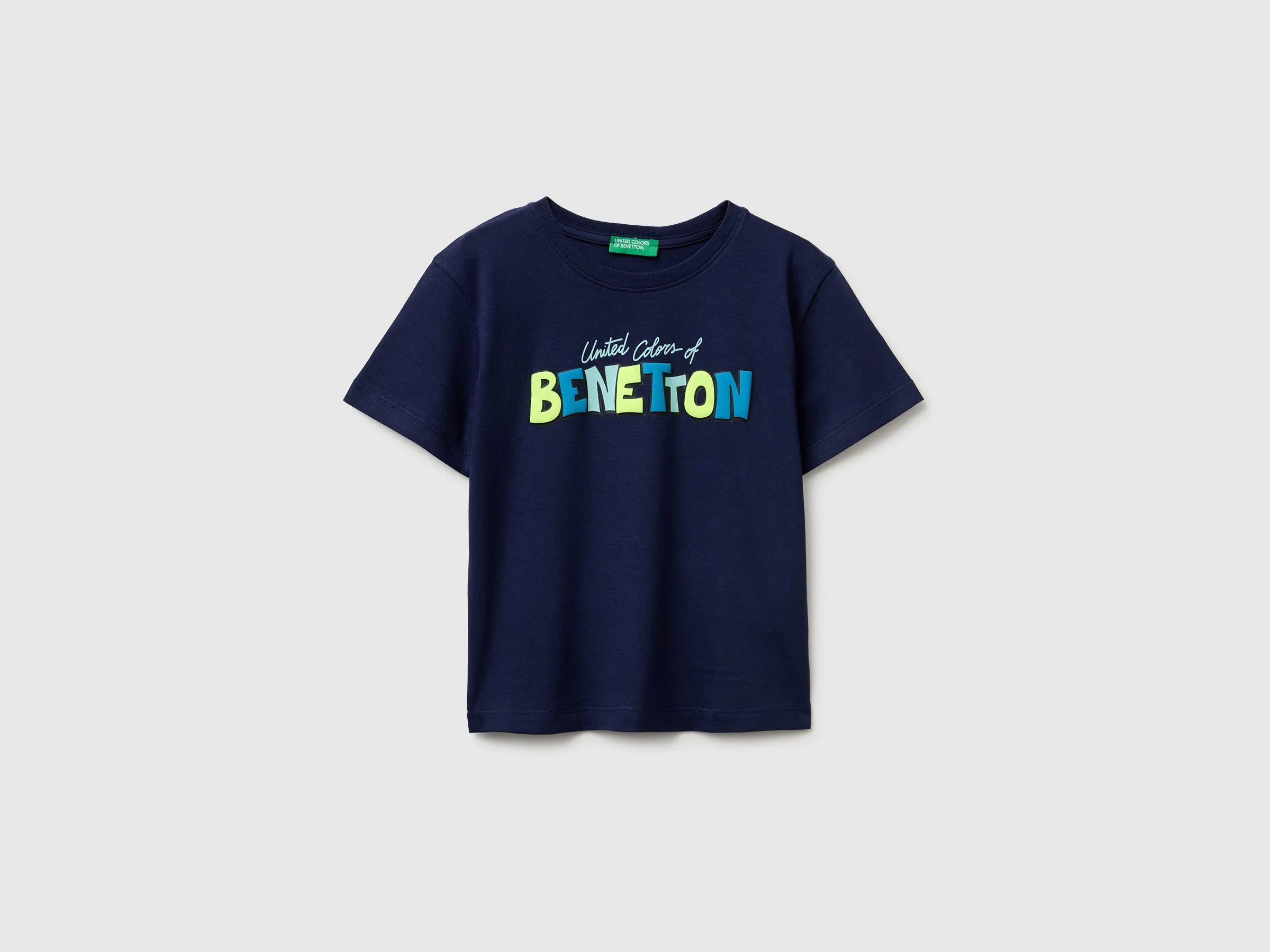 Benetton Blue Boys Organic Cotton T-Shirt with Logo Print SKU: 3I1XG10MX_252 Image 01