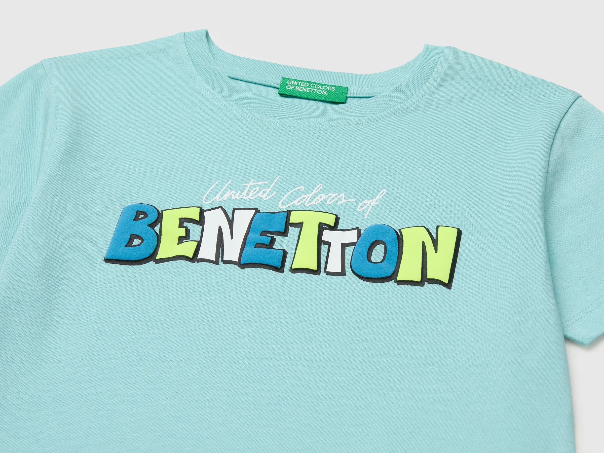 Benetton Blue Boys Organic Cotton T-Shirt with Logo Print SKU: 3I1XG10MX_3L7 Image 03