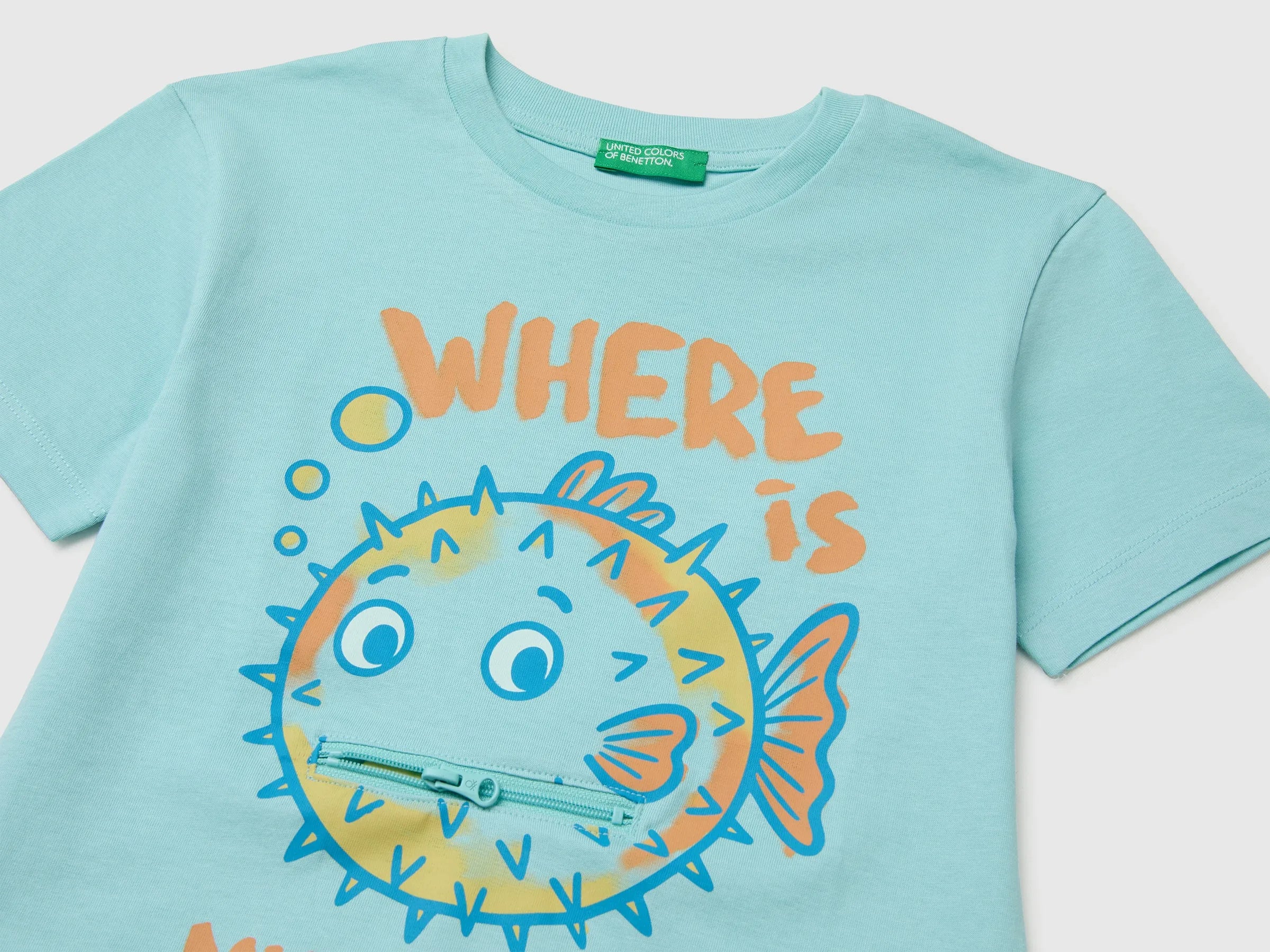 Benetton Blue Boys Printed T-Shirt with Zip SKU: 3I1XG10NB_3L7 Image 03
