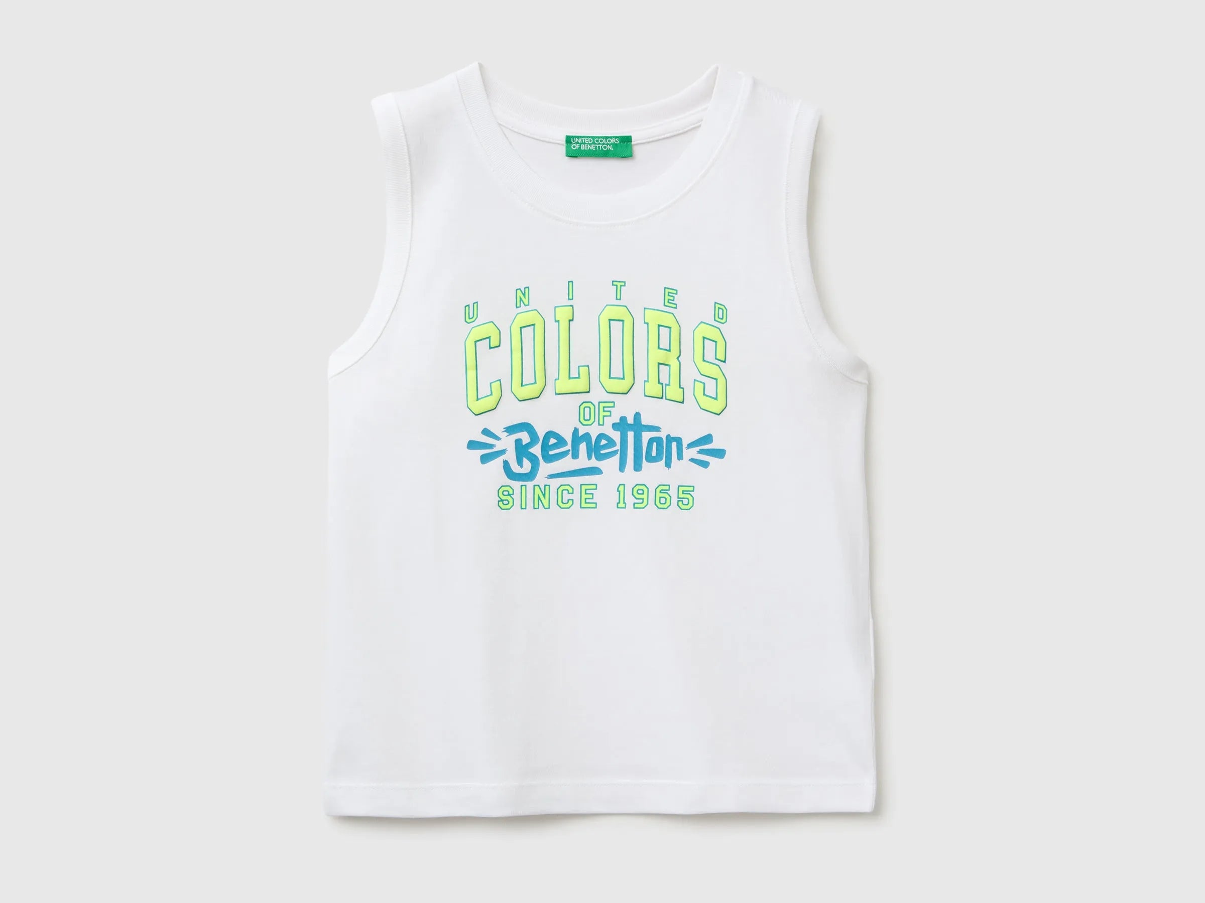 Benetton White Boys Organic Cotton Tank Top with Logo Print SKU: 3I1XGH015_101 Image 01