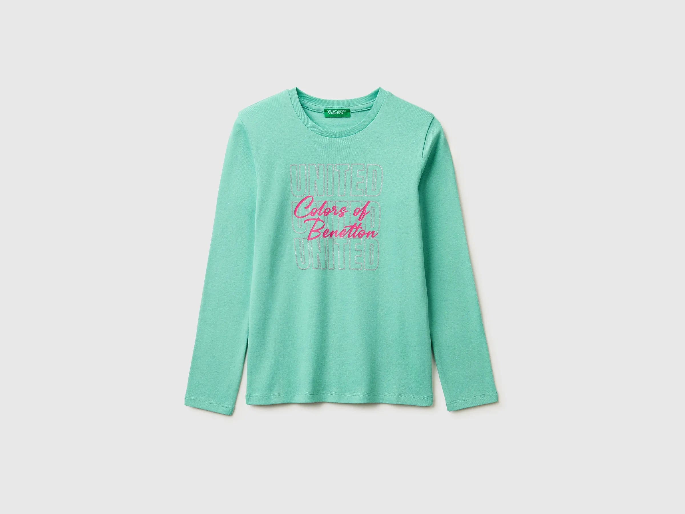 Benetton Aqua Girls T-Shirt with Glittery Logo in Organic Cotton SKU: 3I9WC10S7_13D Image 01