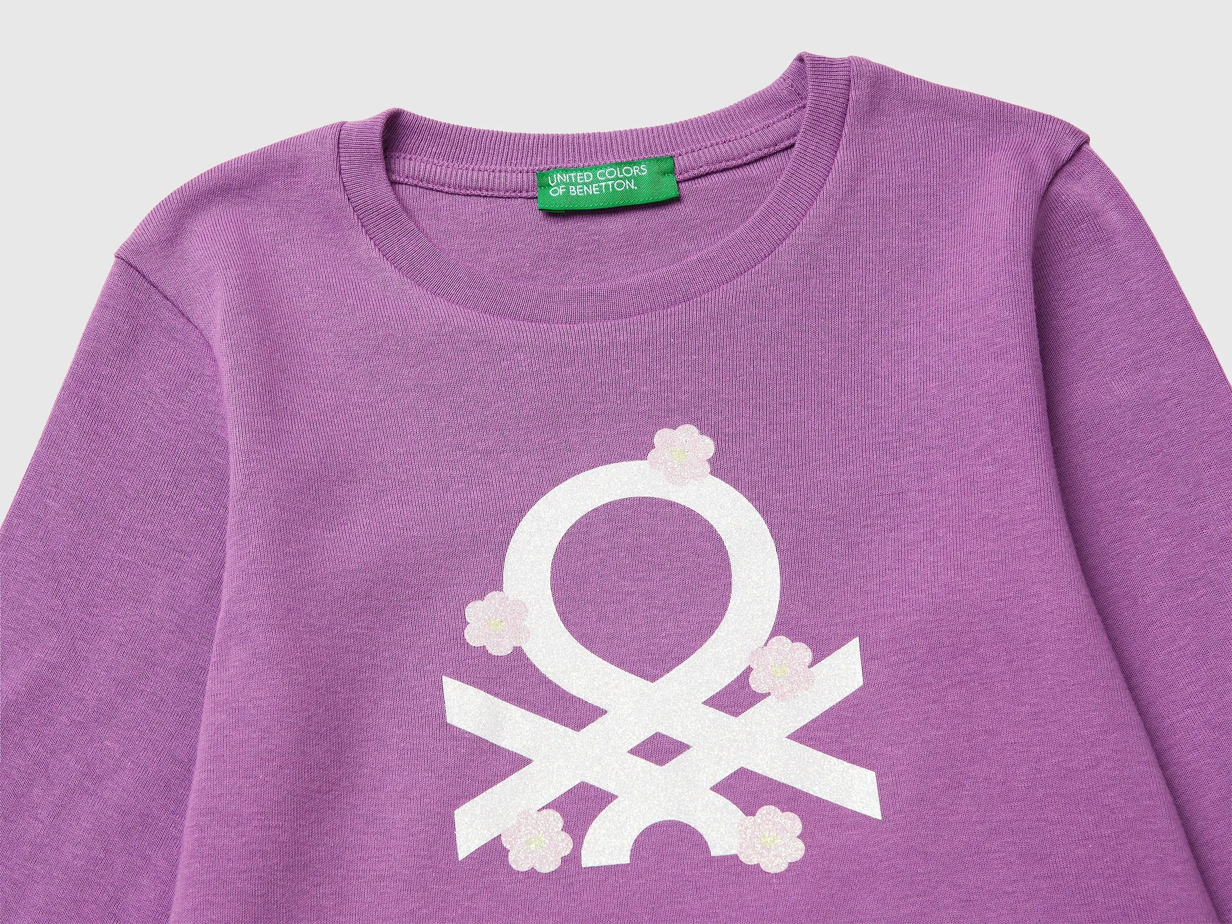 Benetton Purple Girls T-Shirt in Organic Cotton with Glittery Logo SKU: 3I9WG10LT_03L Image 03