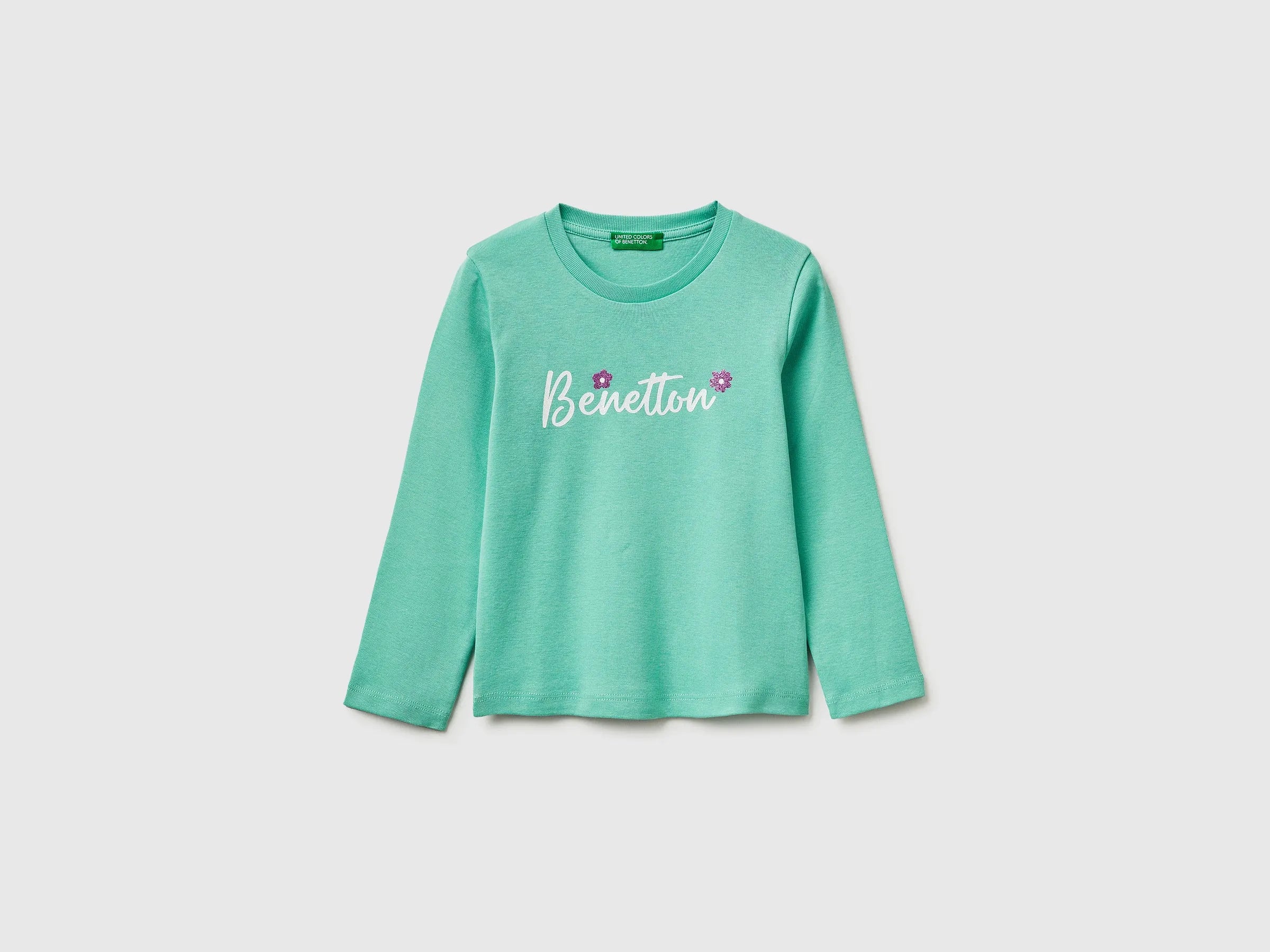 Benetton Aqua Girls T-Shirt in Organic Cotton with Glittery Logo SKU: 3I9WG10LT_13D Image 01