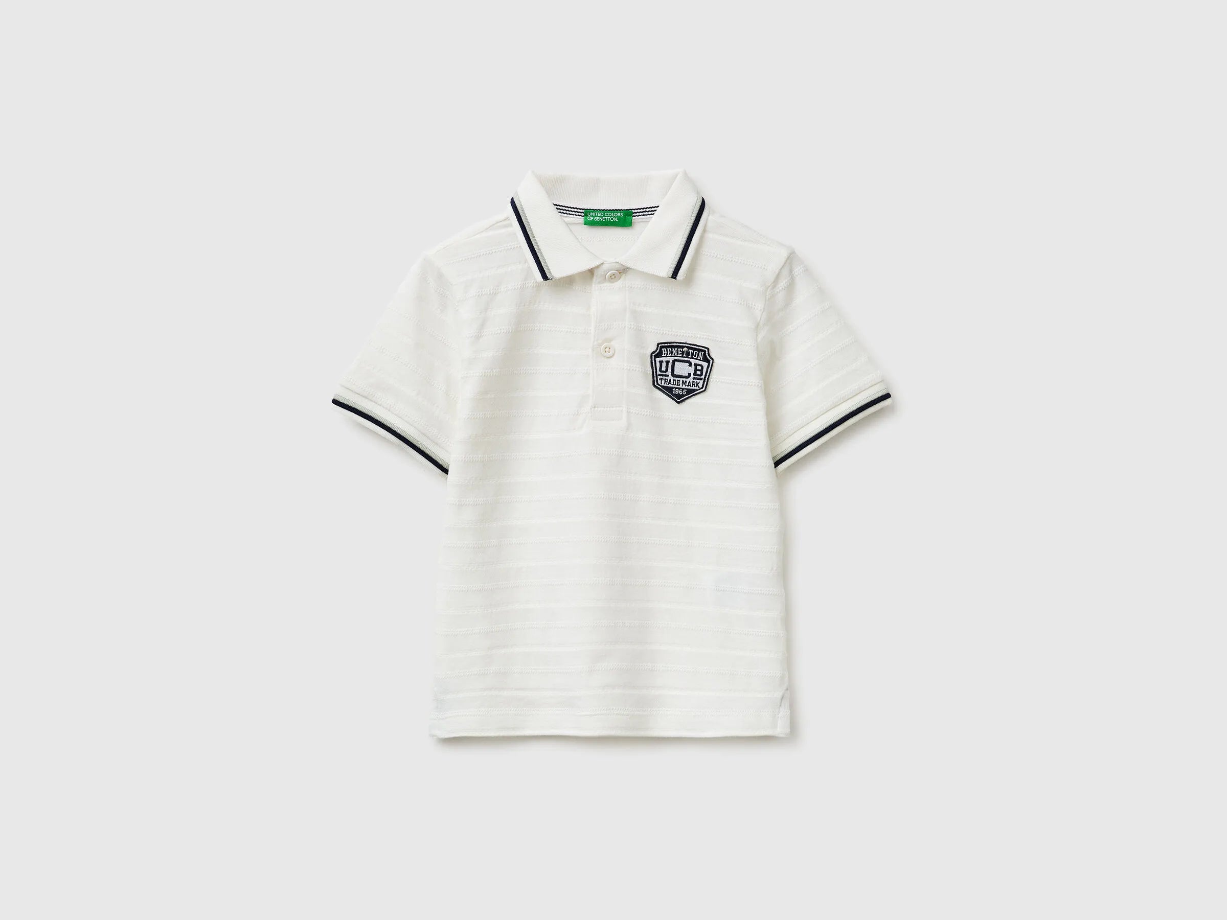 Benetton Creamy White Boys Striped Polo Shirt with Patch SKU: 3K9KG3013_902 Image 01