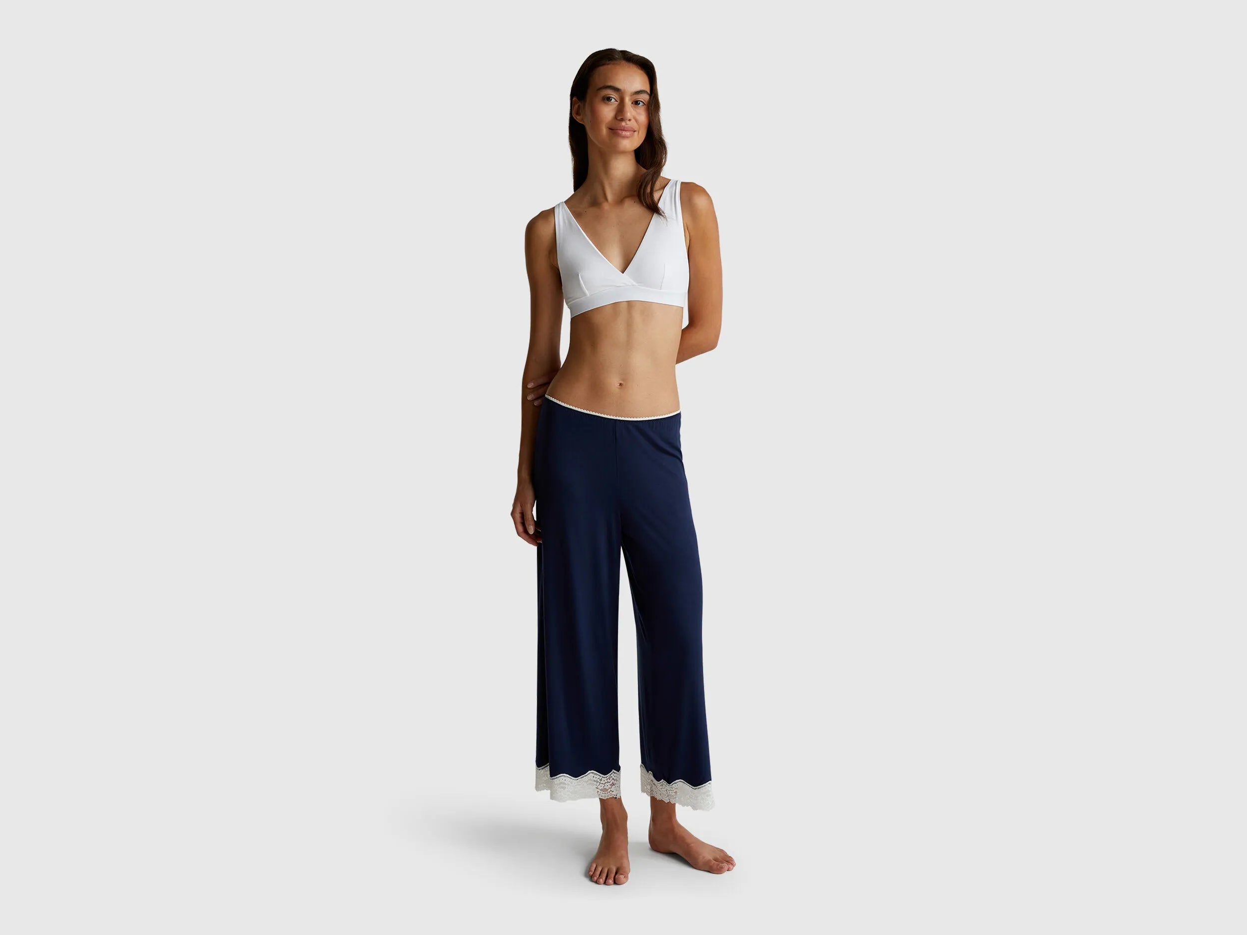 Benetton Dark Blue Women Flowy 3/4 Trousers with Lace SKU: 3Z123F370_13C Image 01
