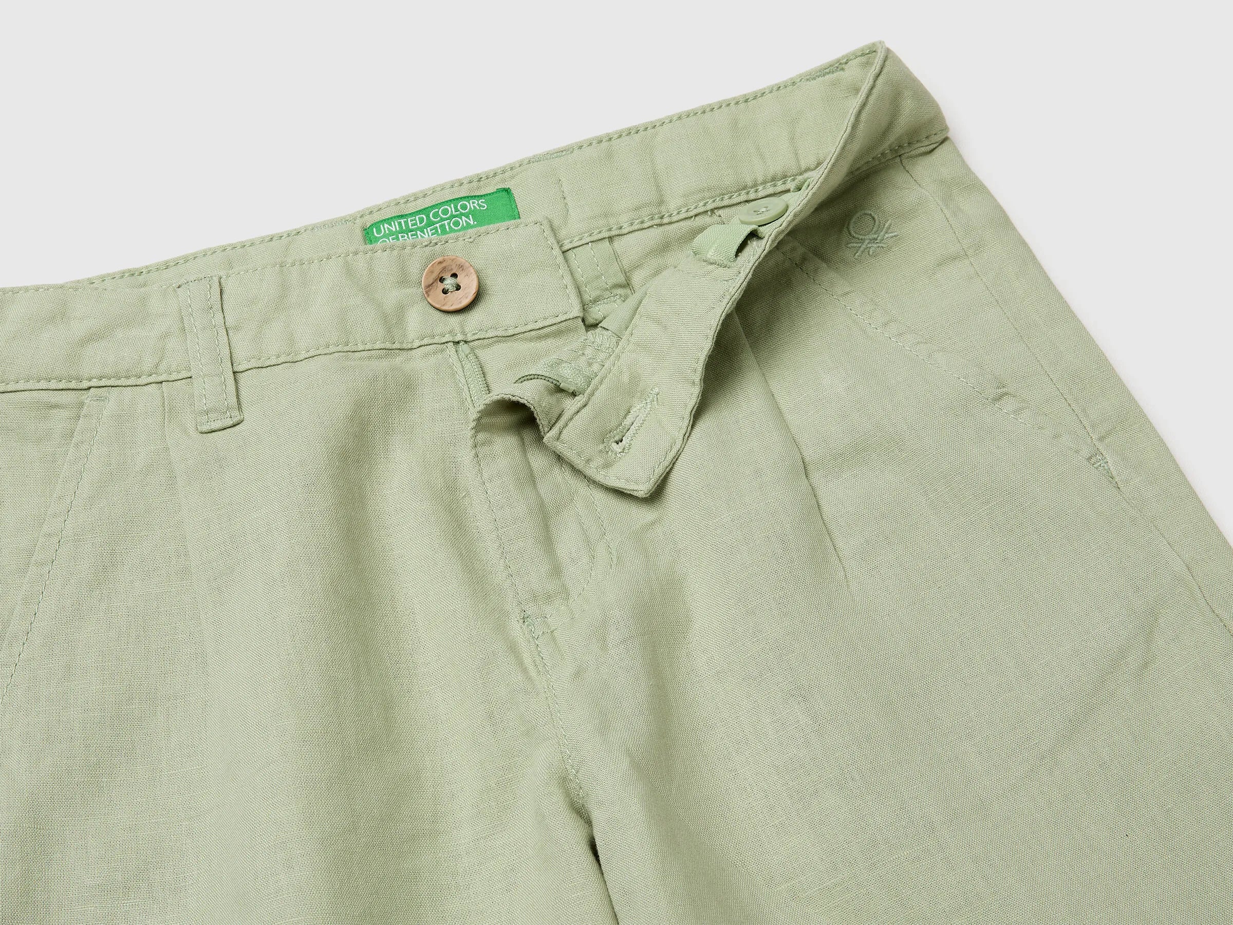 Benetton Light Green Boys Linen Blend Shorts SKU: 43WBC904I_218 Image 03