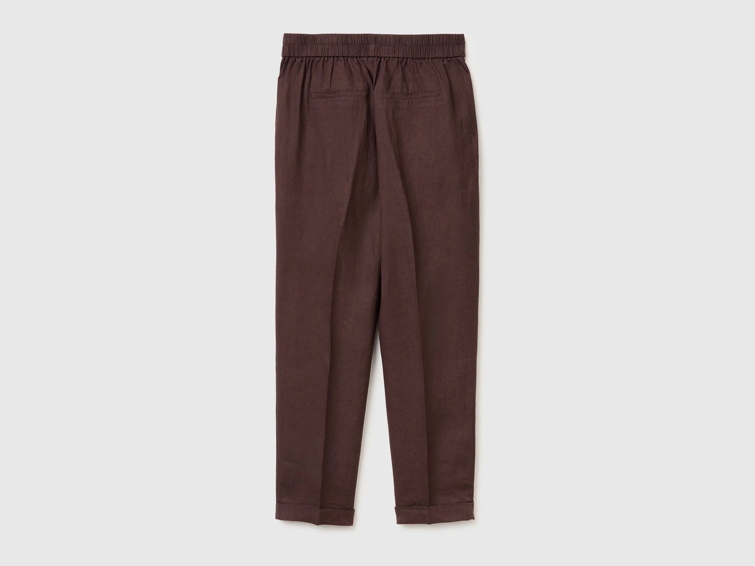 Benetton Brown Women 100% Linen Cigarette Trousers SKU: 4AGHDF079_33T Image 02