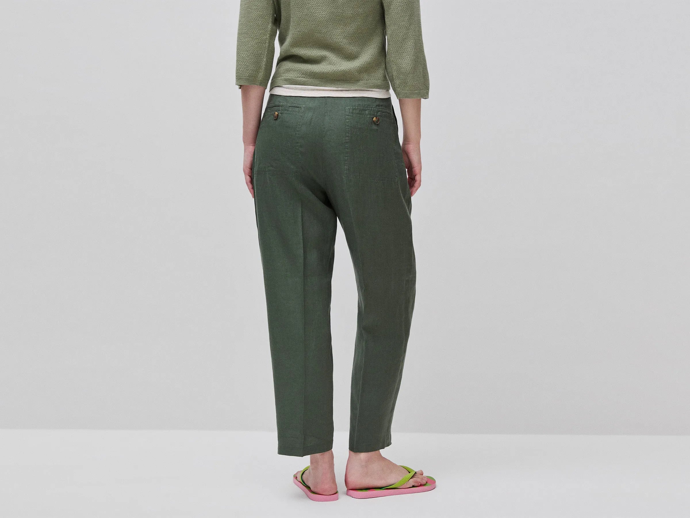 Benetton Green Women 100% Linen Straight Trousers SKU: 4AGHDF0AY_20W Image 03