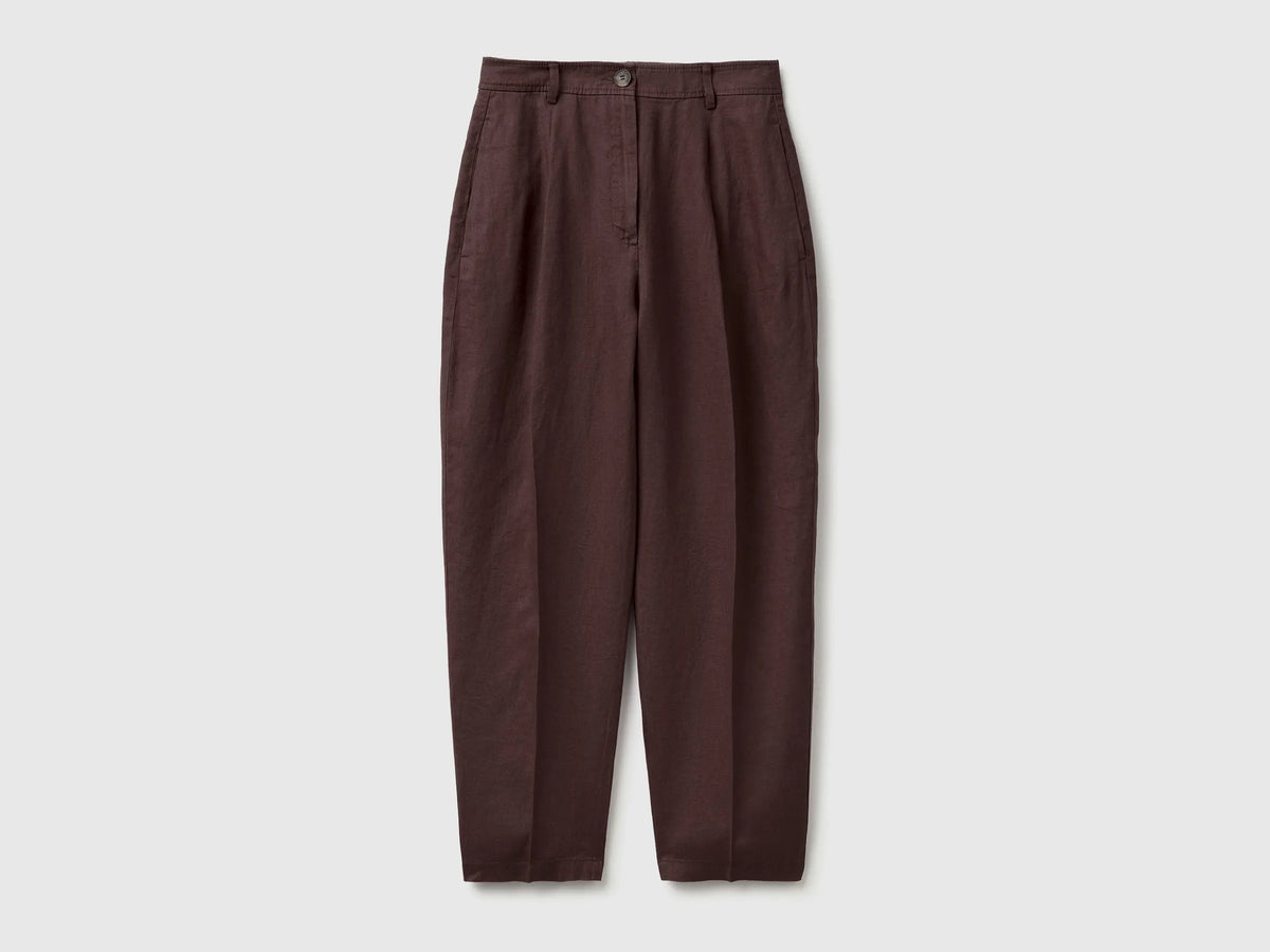 Benetton Brown Women 100% Linen Straight Trousers SKU: 4AGHDF0AY_33T Image 01