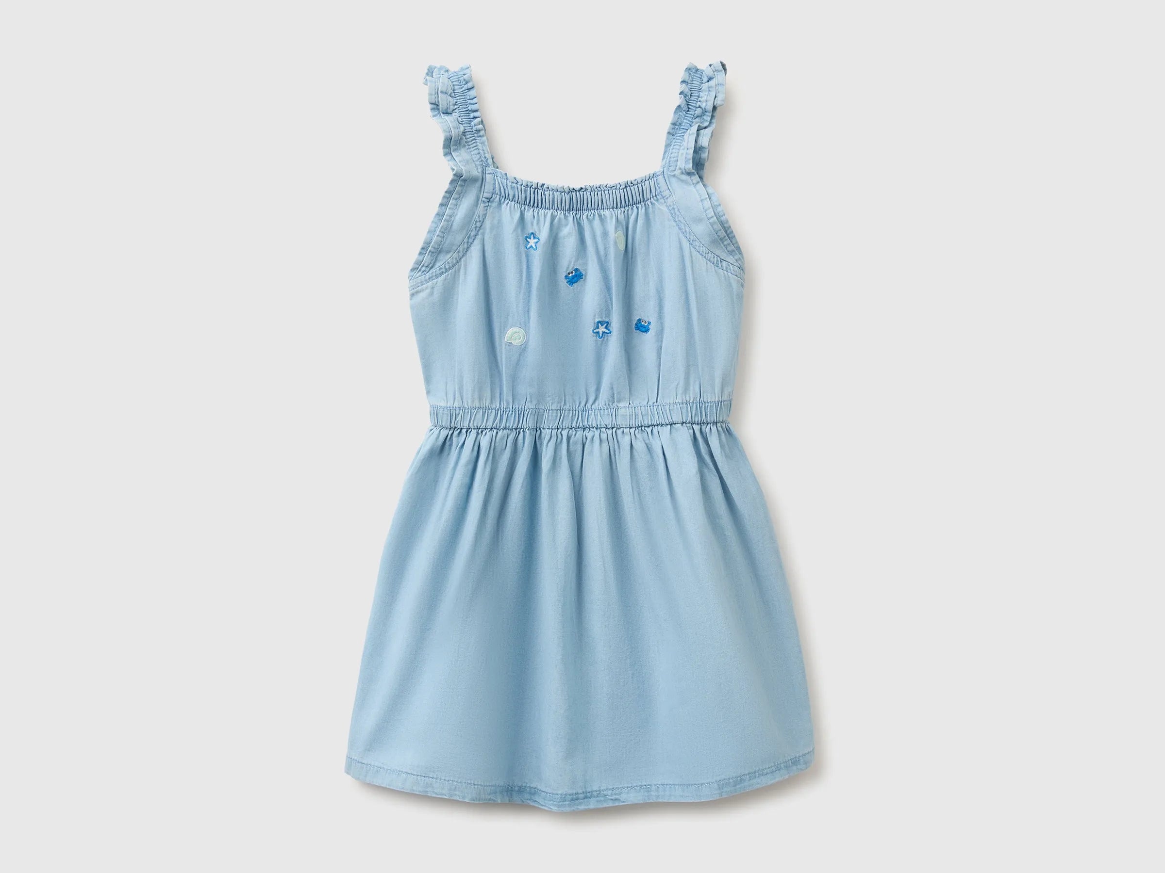 Benetton Blue Girls Chambray Dress with Embroidery SKU: 4DHJGV02W_901 Image 01