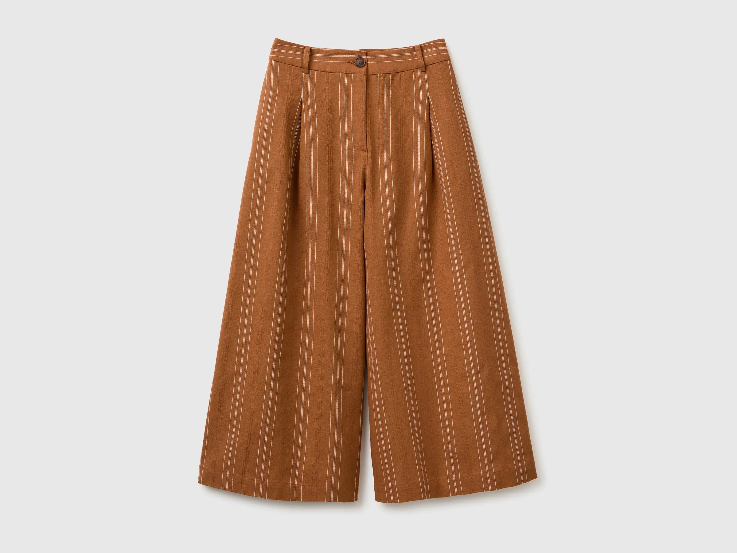 Benetton Beige Women Wide-Leg Striped Linen Blend Trousers SKU: 4K9FDF0BR_902 Image 01