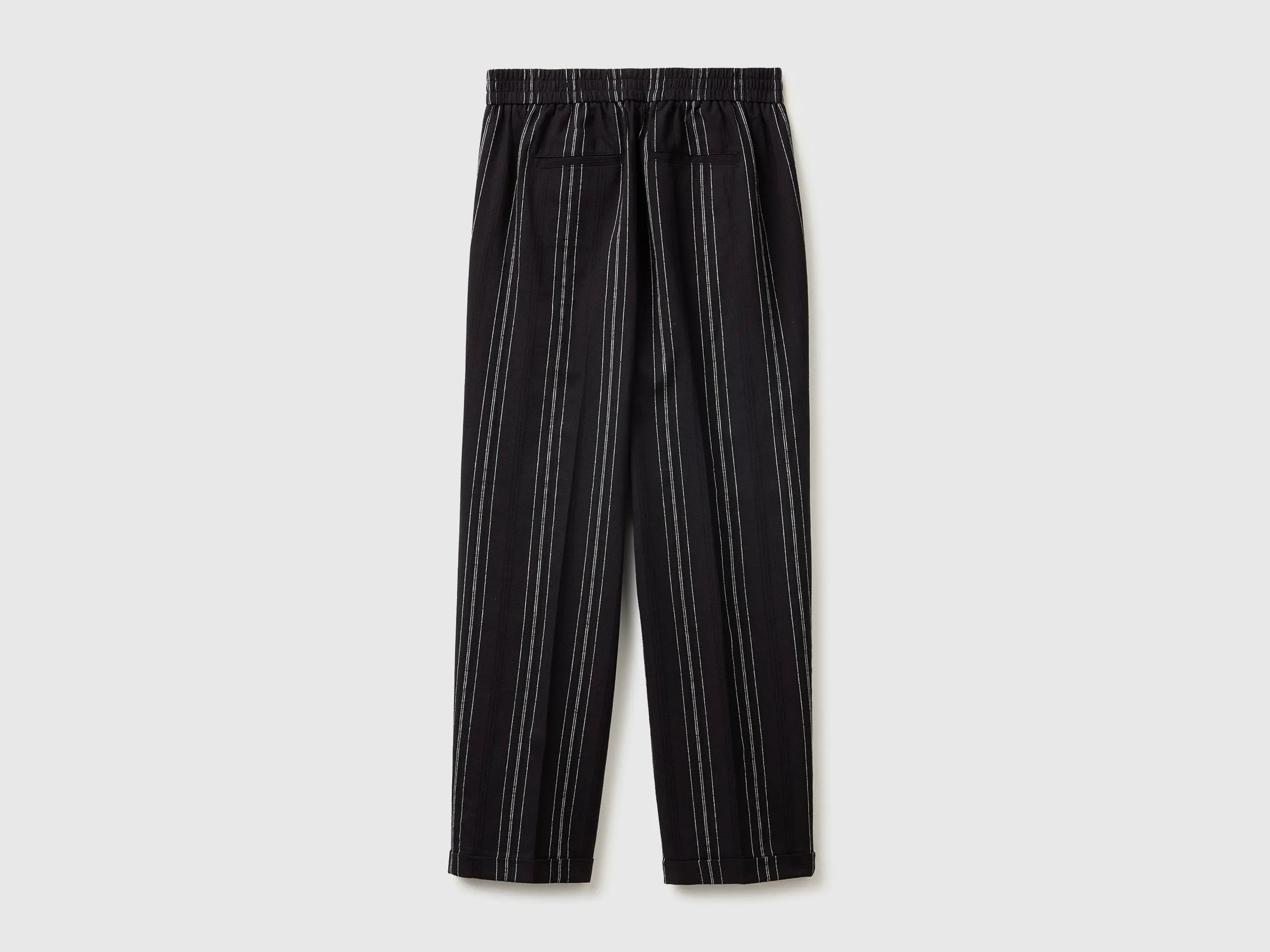 Benetton Black Women Striped Linen Blend Trousers SKU: 4K9FDF0BS_903 Image 02