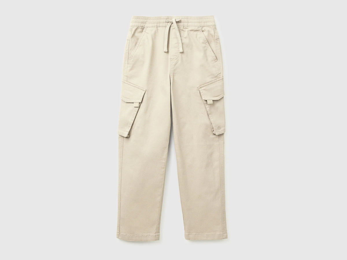 Benetton Beige Boys Stretch Cotton Cargo Pants SKU: 4TCGCF05D_152 Image 01