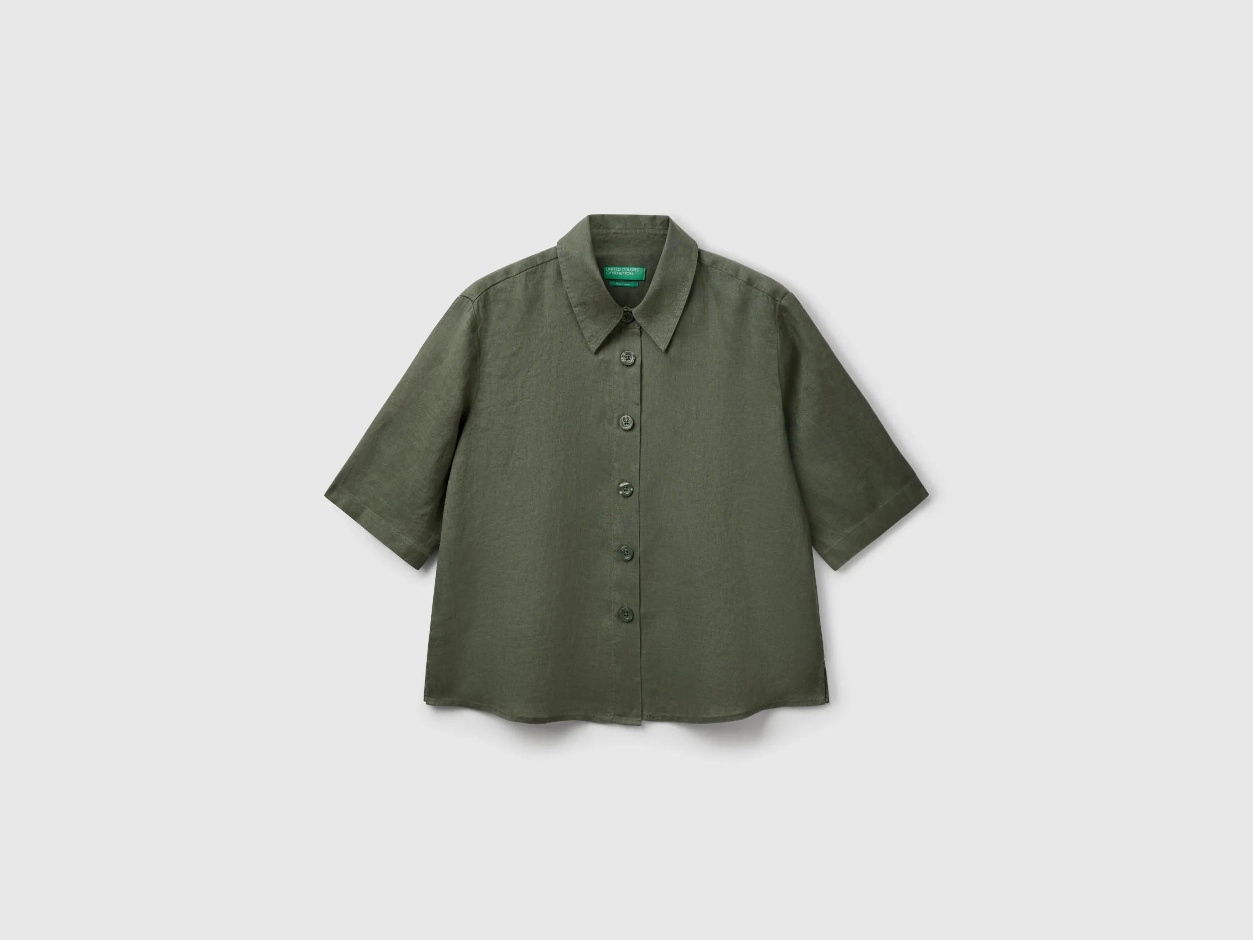 Benetton Military Green Women Short Shirt in Pure Linen SKU: 5BML5QB75_20W Image 01