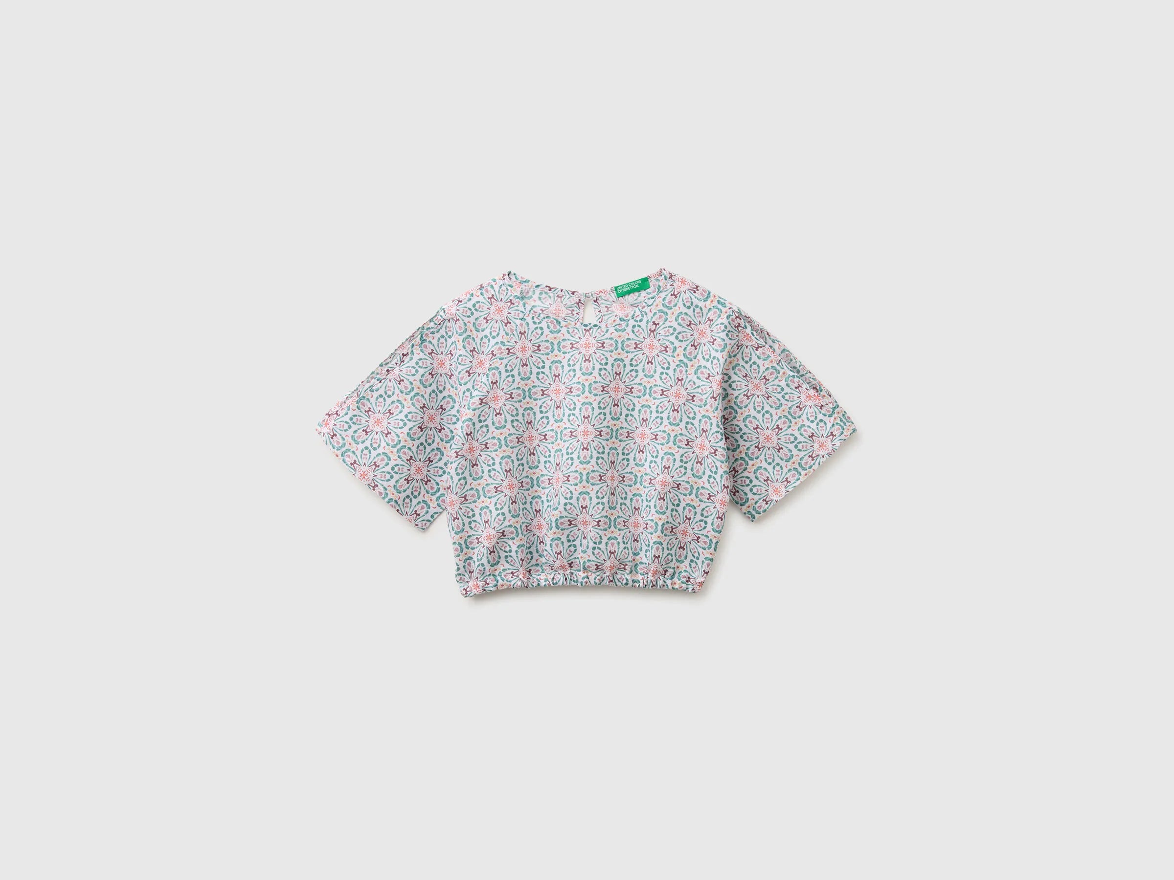 Benetton Aqua Girls Floral Blouse in Linen Blend SKU: 5NVDCQ04S_68D Image 01