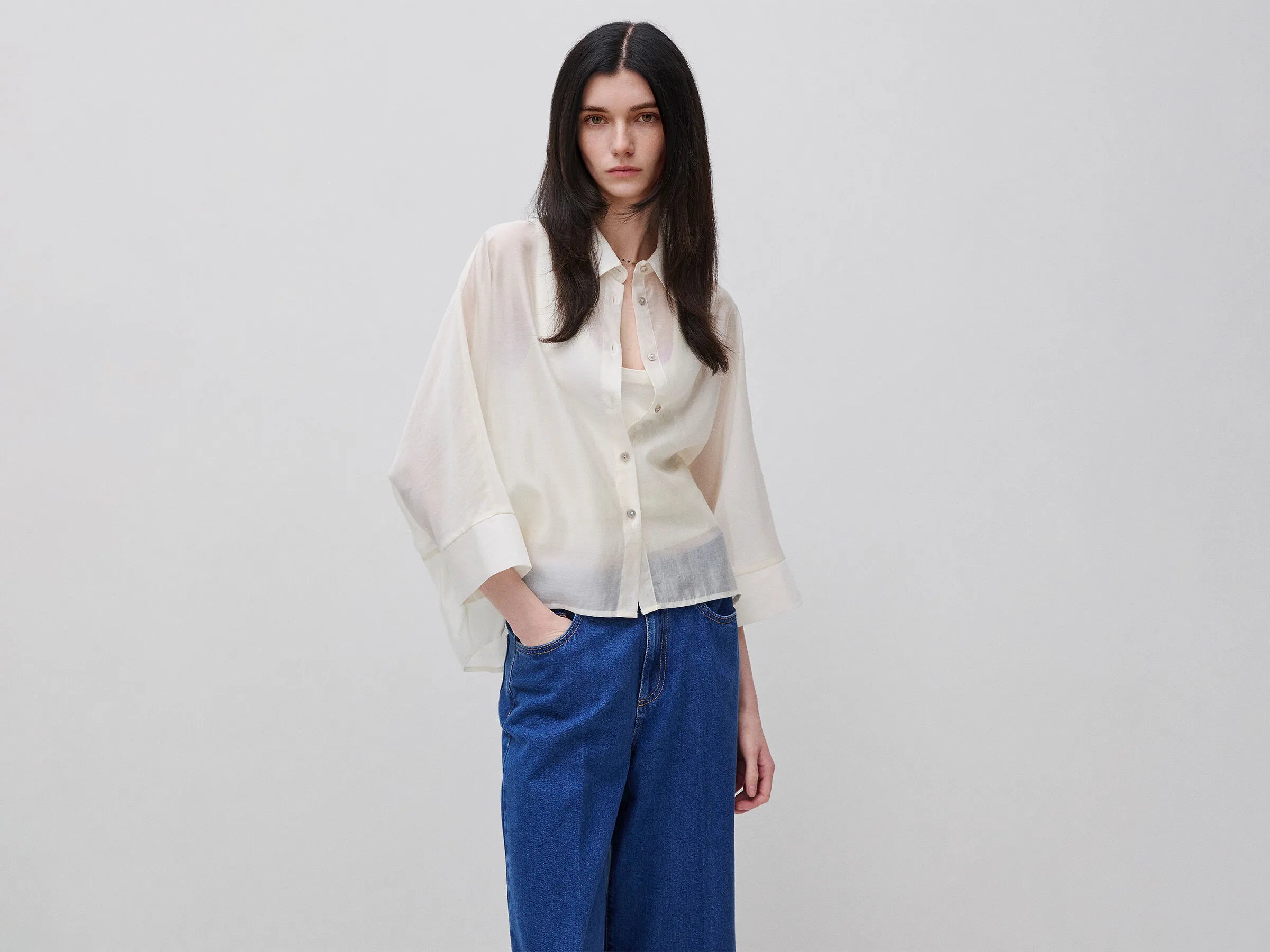 Benetton Creamy White Women Flowing Shirt SKU: 5UOCDQ0E6_0R2 Image 01