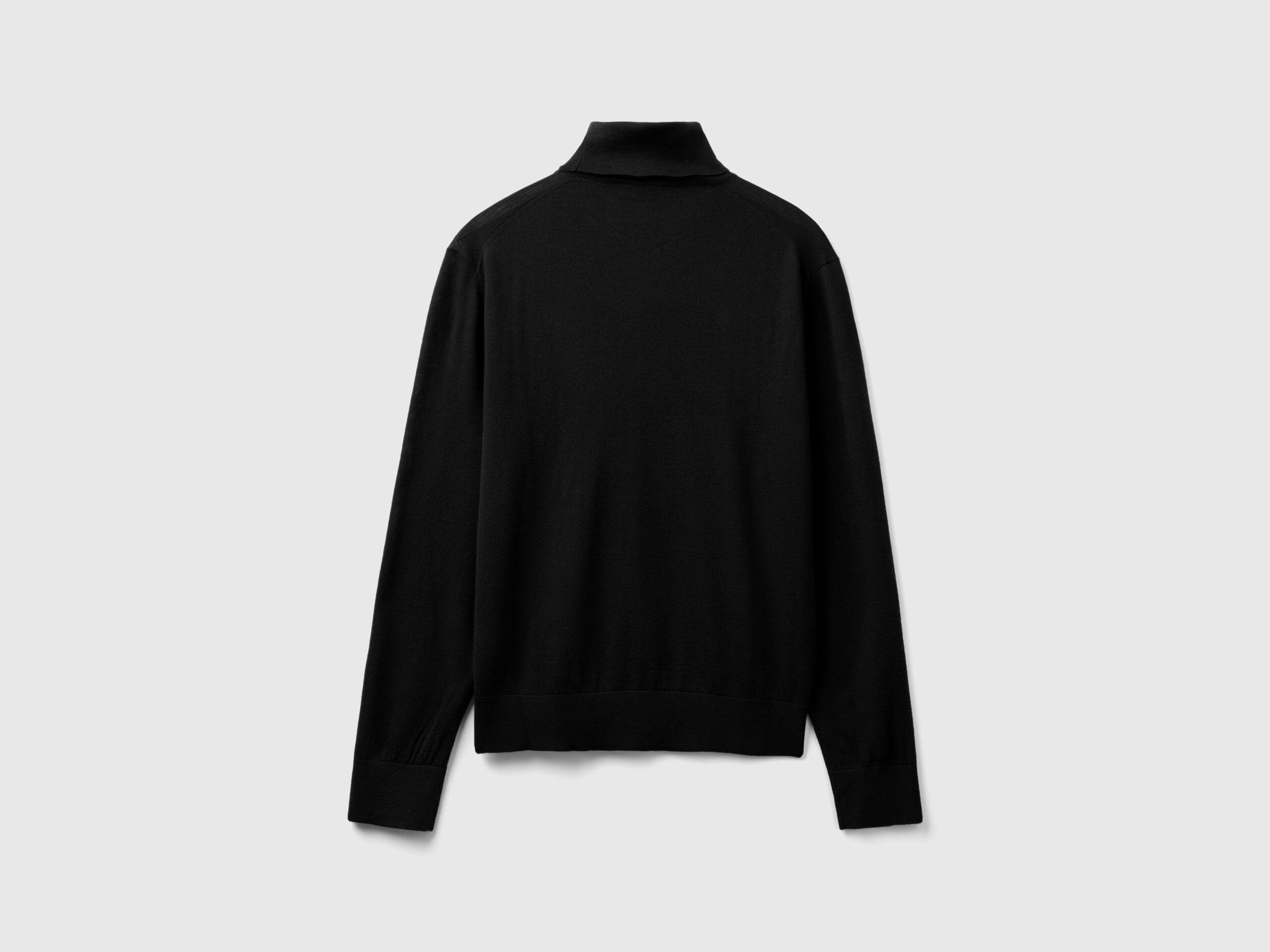 Flat lay back view of a black turtleneck sweater for men.