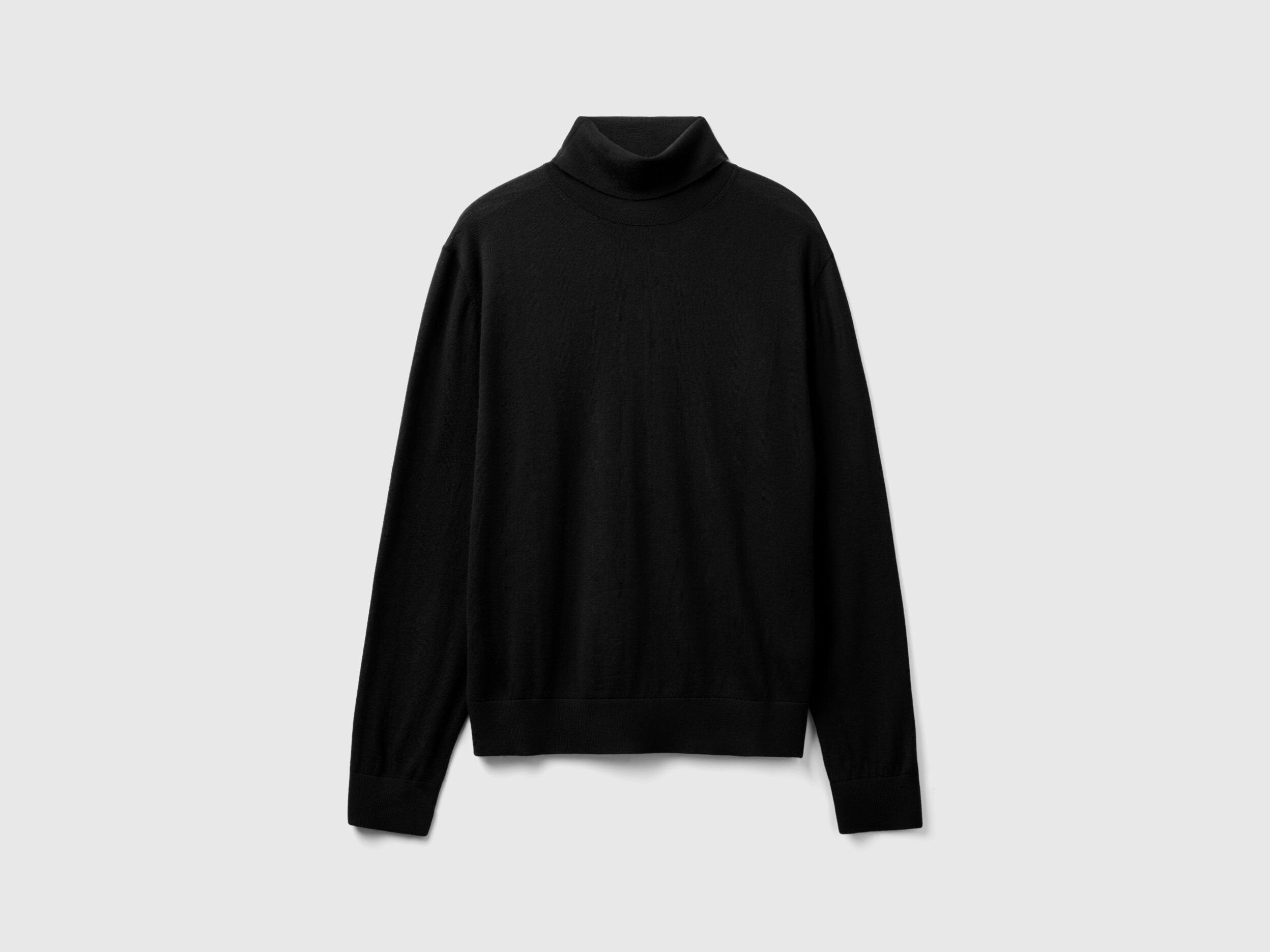 Flat lay front view of a black turtleneck sweater for men.