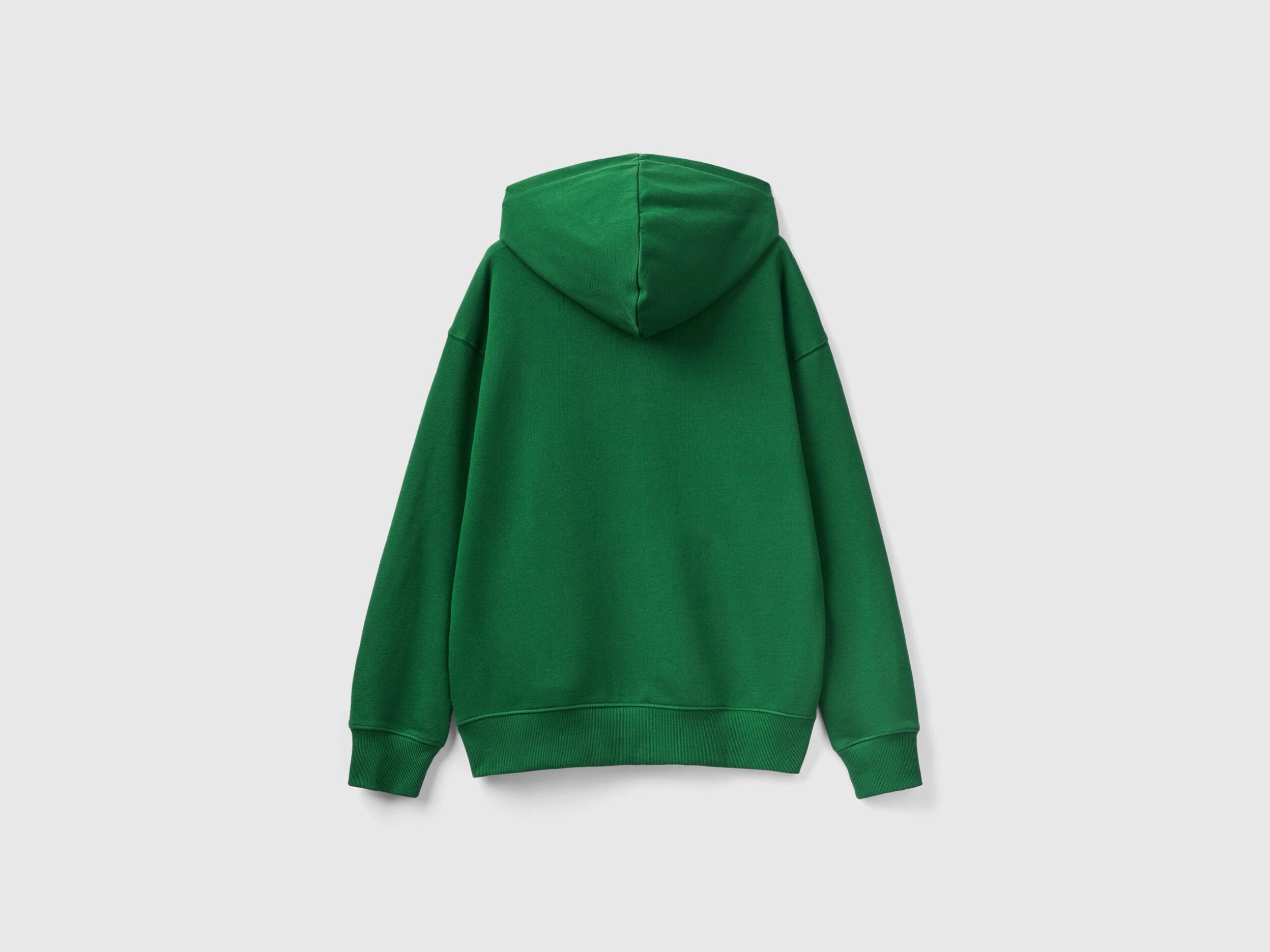 Flat lay back view of a green zip-up hoodie for men.