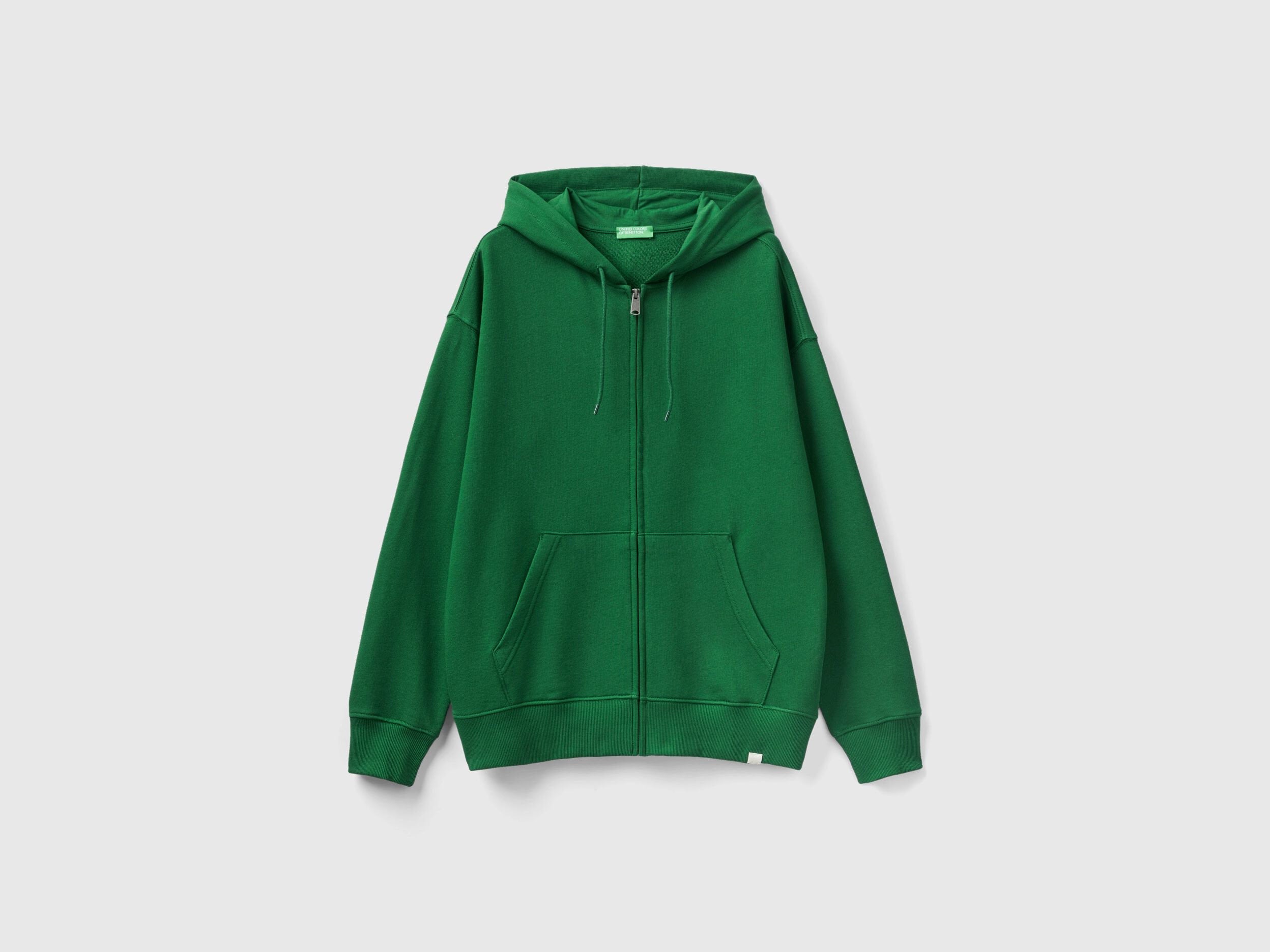 Flat lay front view of a green zip-up hoodie for men.
