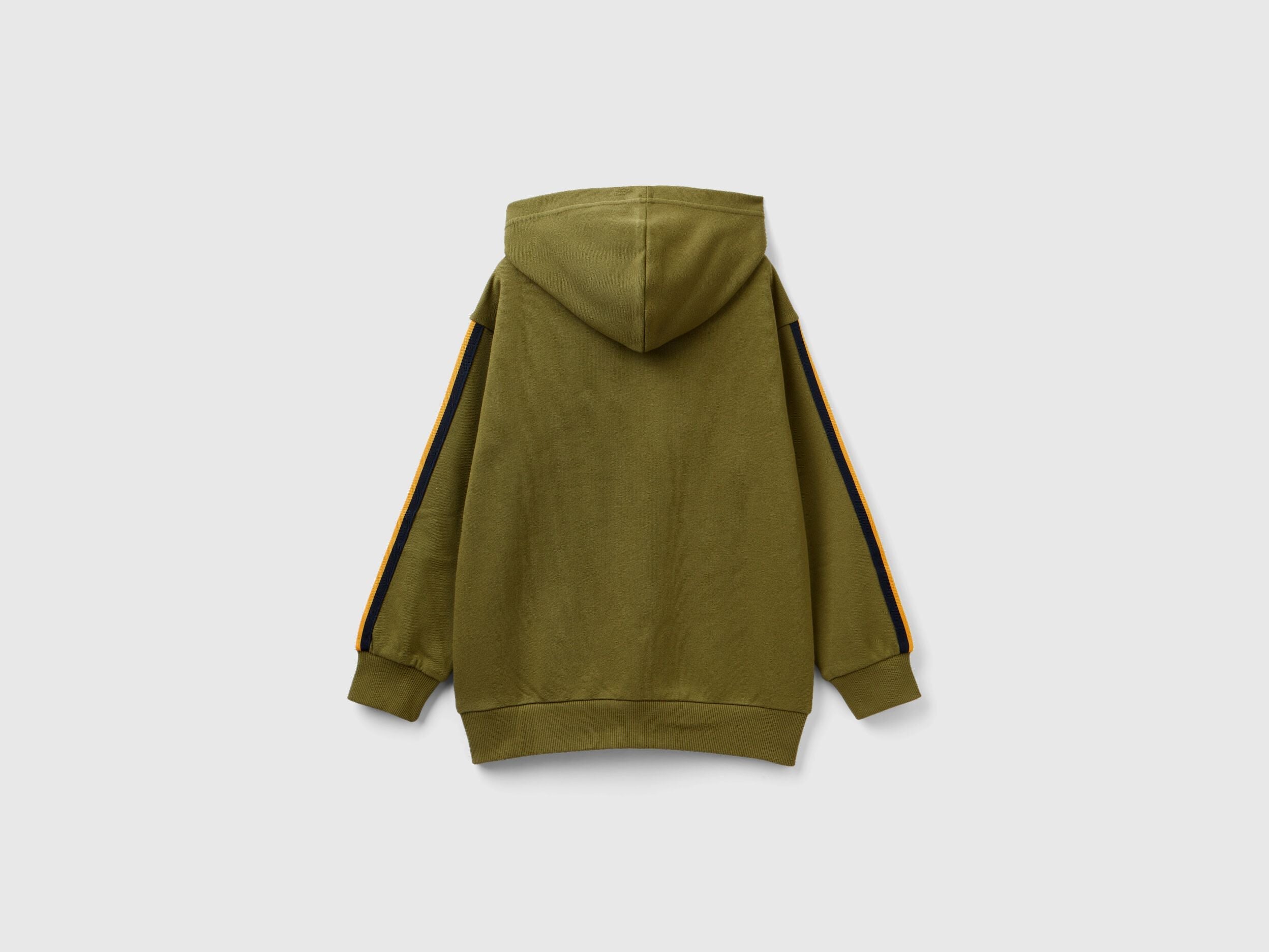 Back view of an olive green hooded sweatshirt with red and black stripe details on sleeves.