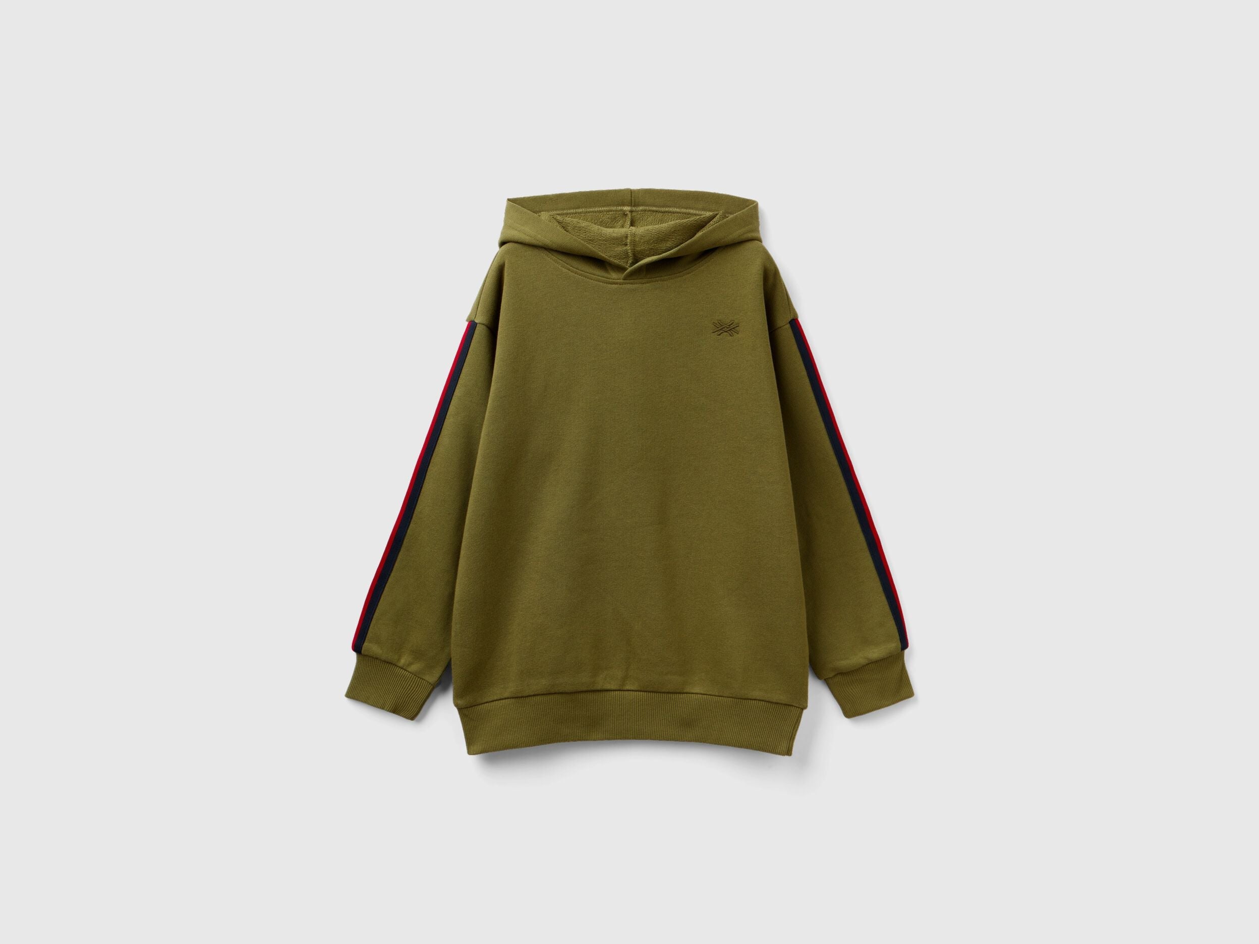 Front view of an olive green hoodie with red and black stripe detail on the sleeves. Casual.