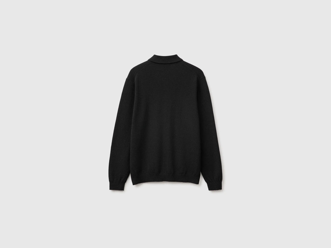 Benetton Black Men Black Polo Shirt in Pure Merino Wool SKU: 1002U301Y_100 Image 02