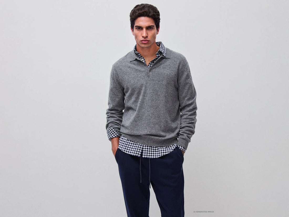 Benetton Dark Gray Men Grey Melange Polo Shirt in Pure Merino Wool SKU: 1002U301Y_507 Image 01