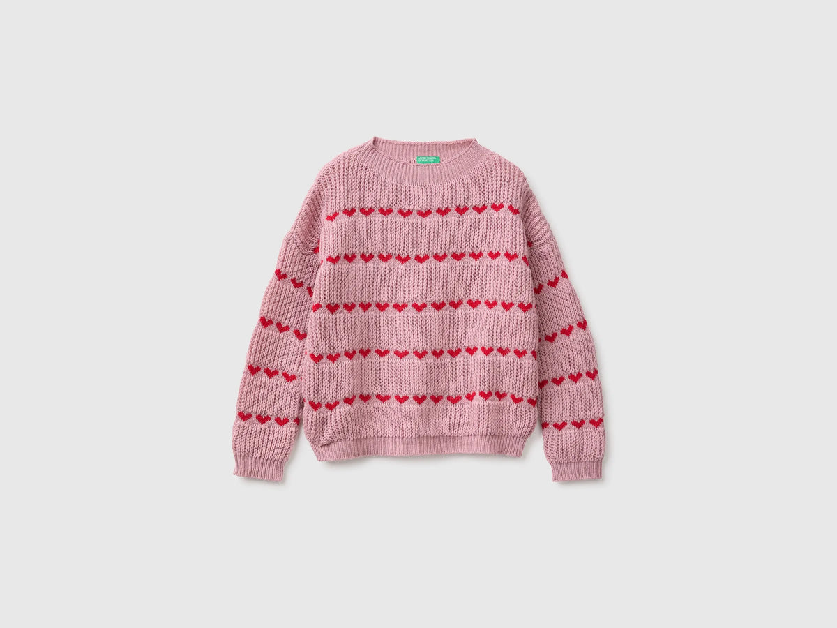Benetton Pink Girls Sweater with Stripes of Hearts SKU: 1076Q106V_94E Image 01