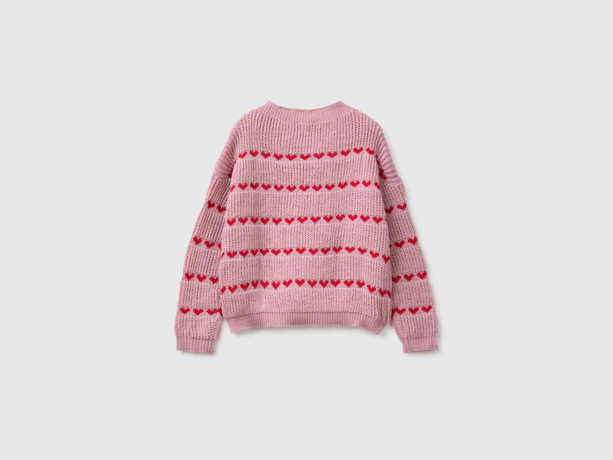 Benetton Pink Girls Sweater with Stripes of Hearts SKU: 1076Q106V_94E Image 02