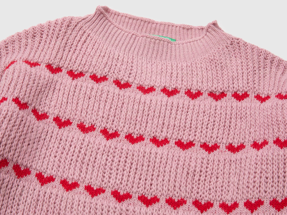 Benetton Pink Girls Sweater with Stripes of Hearts SKU: 1076Q106V_94E Image 03